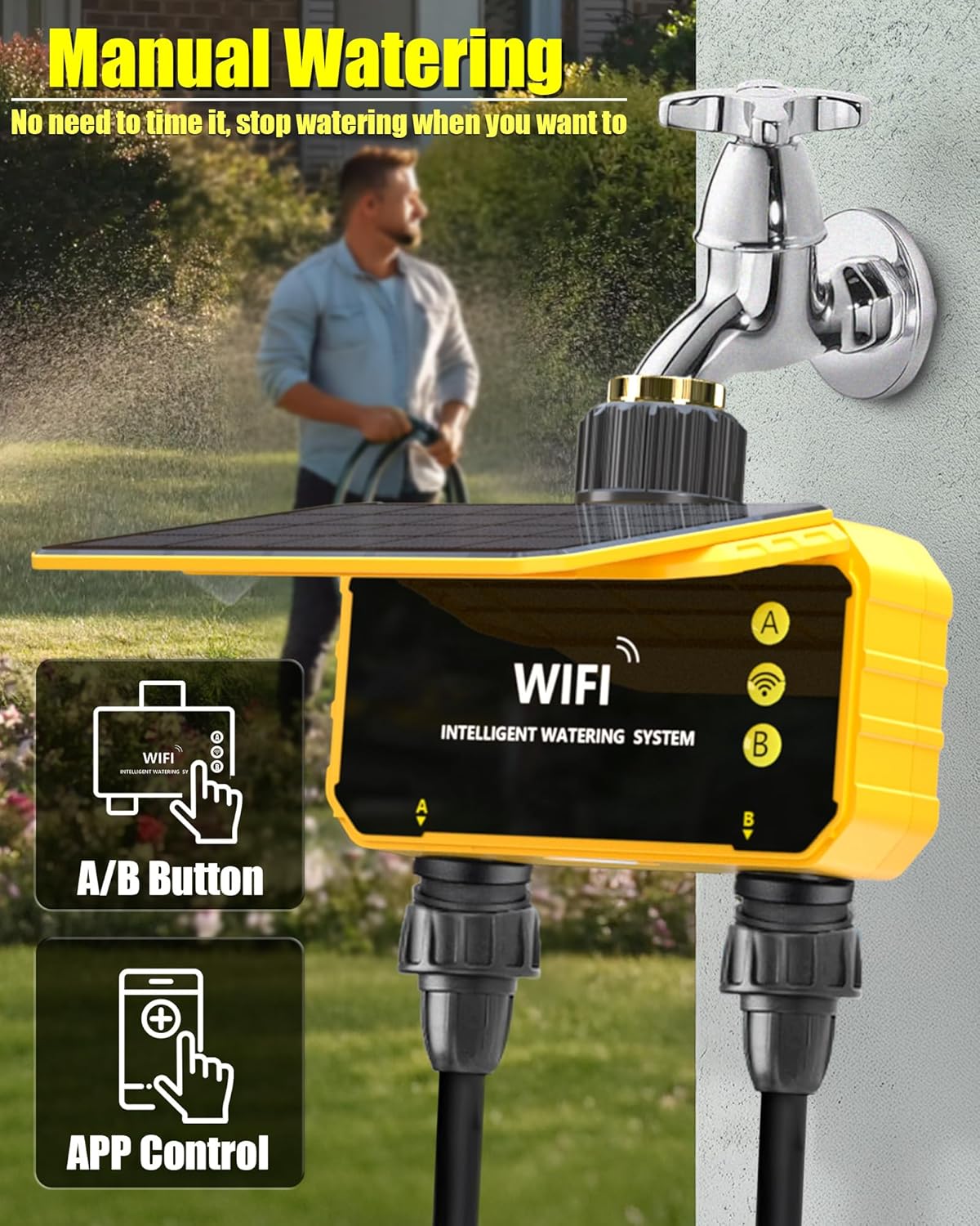 WiFi Sprinkler Timer 2 Zone without Gateway, Solar WiFi Water Timer for Garden Hose via Smart APP Remote Control, Alexa/Google Assistant Compatible, Rain Delay/Auto/Manual Override Option, Brass Inlet