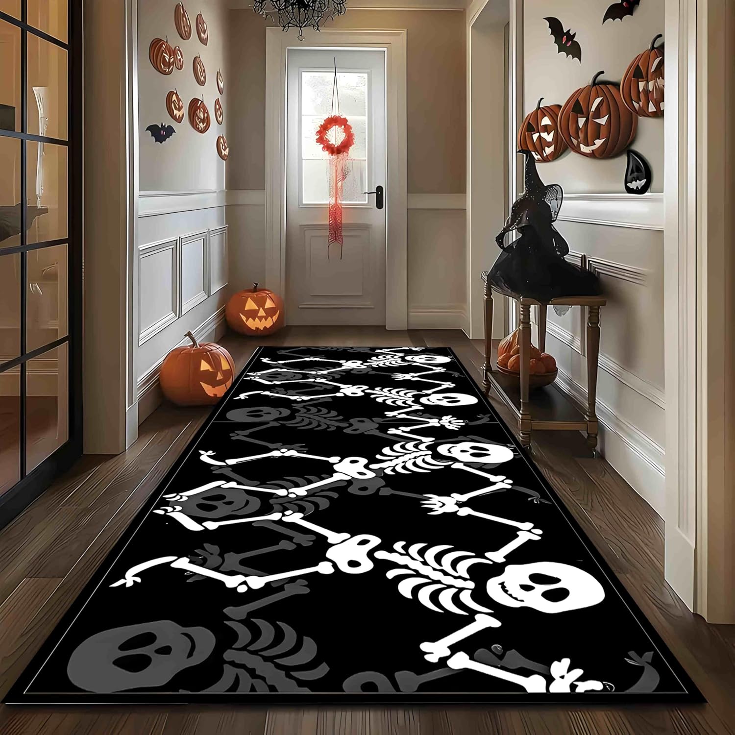 Skull Runner Rug,Black Soft Long Strip Carpet,Skeleton Party Rugs,Washable Non-Slip Kitchen Mat,Durable Lint-Free,for Laundry Room Entrance Hallway Dining Room Living Room.(Carpet9, 2x7ft)