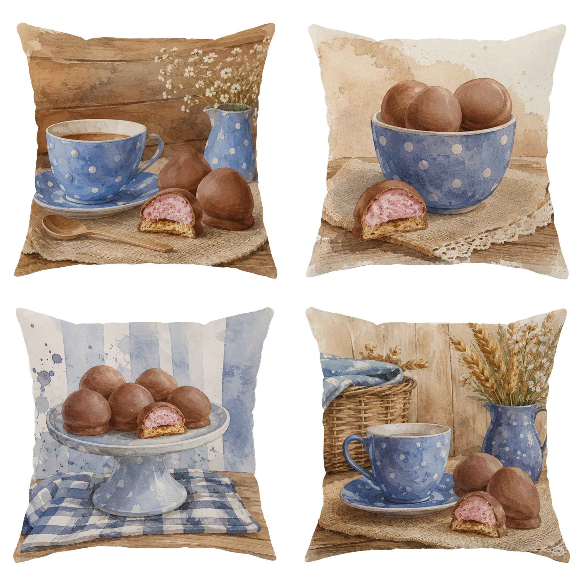 Housses de coussin déco bleu automne motif tasse de chocolat