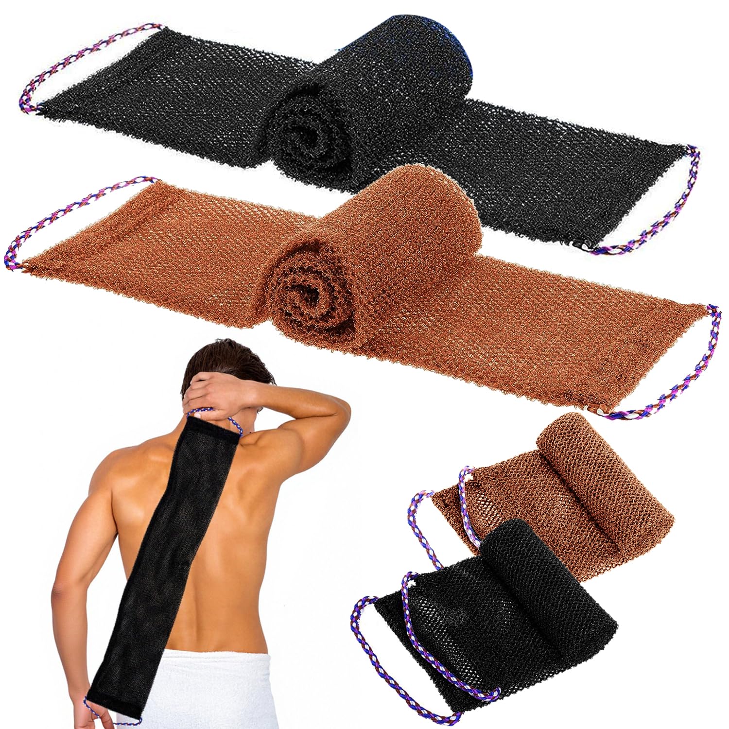 African Exfoliating Net Sponge with Knots，2 Pcs 31.5" Long Exfoliating African Body Scrubber with Rope Handles, Reusable Wash Cloths for Daily Shower, Men & Women, Black/Brown