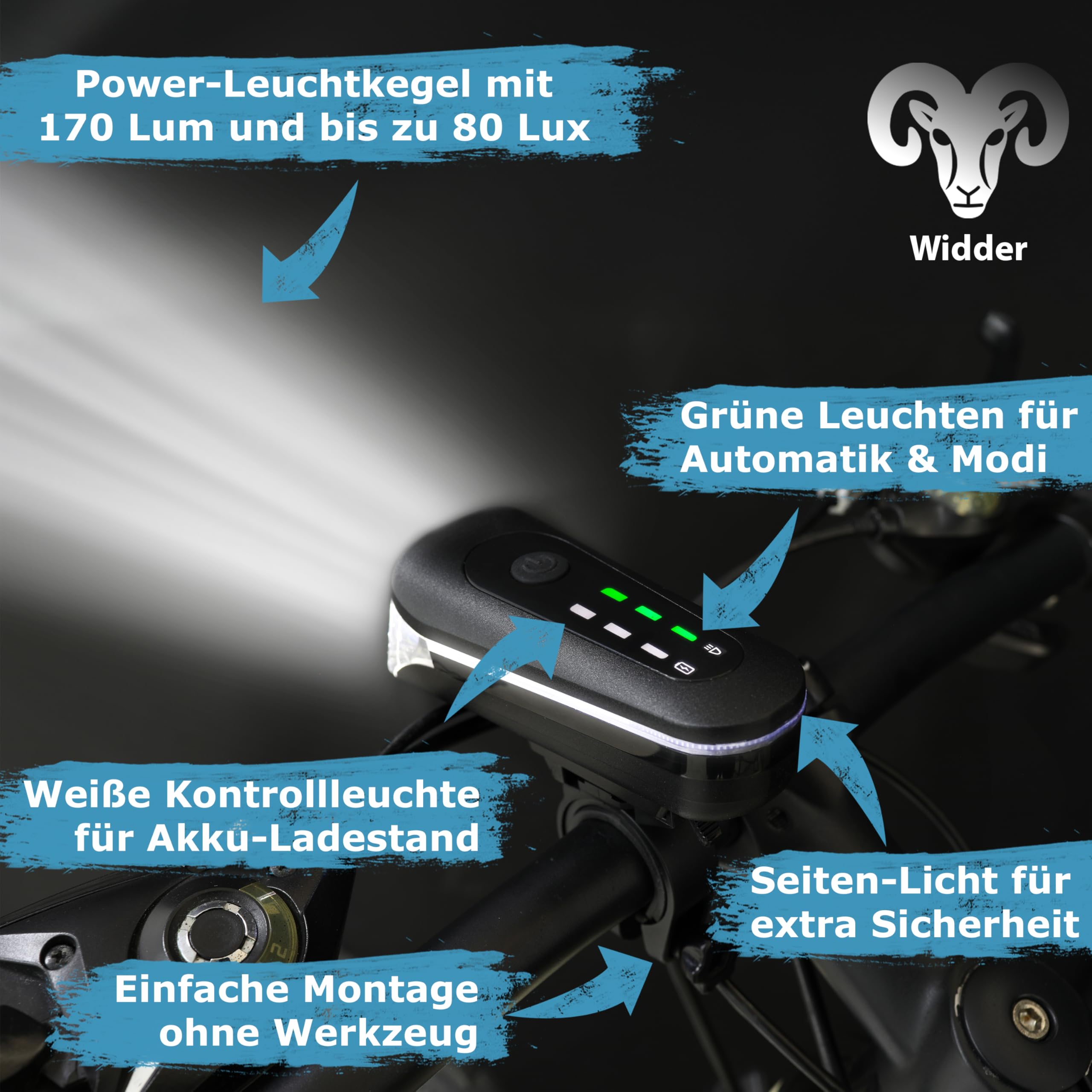 WIDDER Fahrradlicht Set Vorne und Hinten [StVZO zugelassen, extrem hell 170 Lum] – Fahrrad Licht USB C aufladbar – Fahrradbeleuchtung mit Automatik-Modus – Fahradlichterset LED Bike Light & Rücklicht
