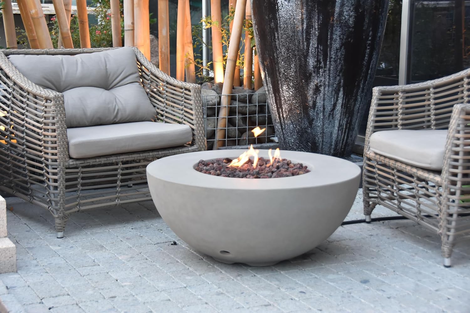 AMS Fireplace | Modeno Roca Package | Light Gray Natural Gas Fire Pit Table for Outdoor Patio Bundle with Wind Guard and SS Burner Lid | Free Rubber Mat & Ice Bucket