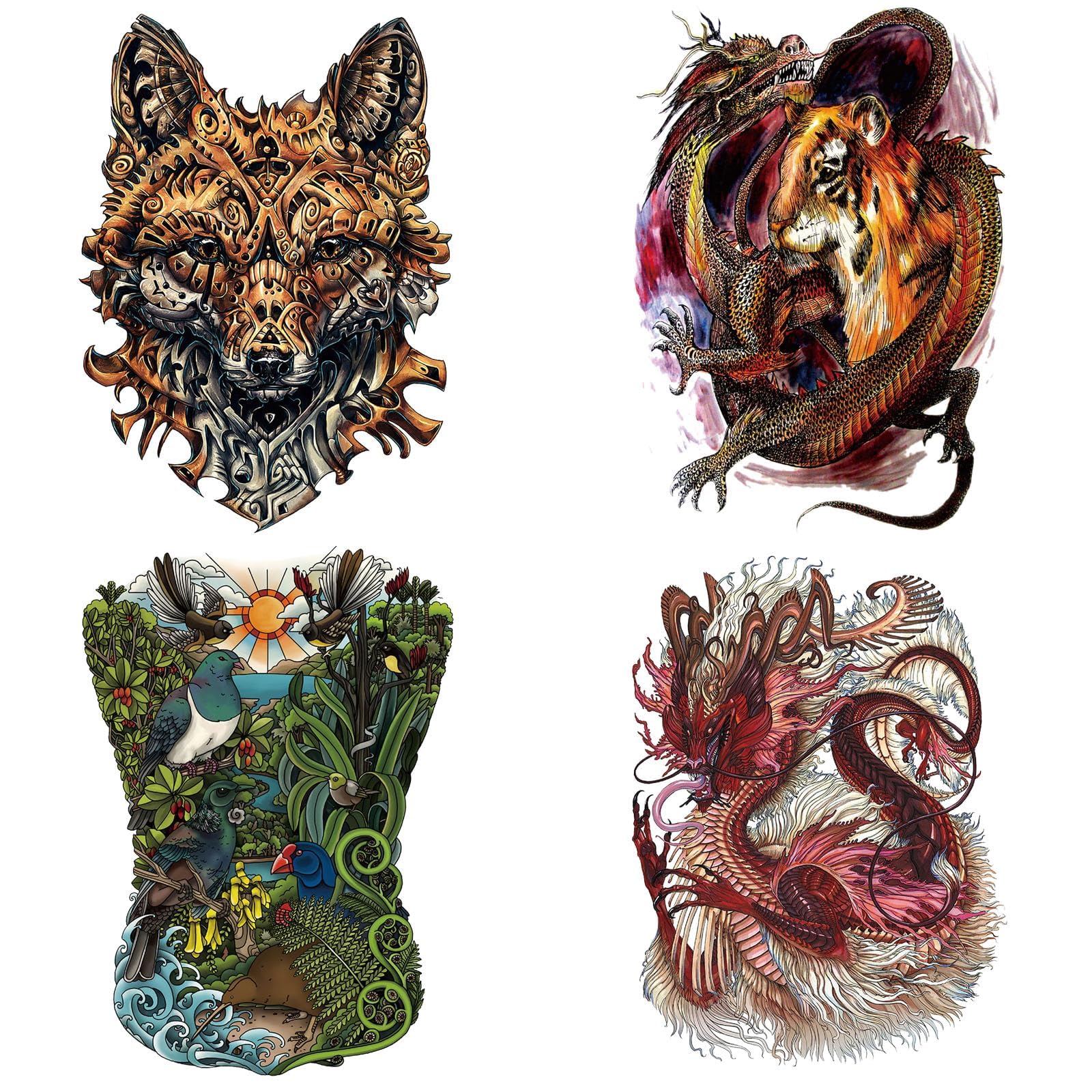 CARGEN Full Back Temporary Tattoos - 4 Sheets Cool Dragon Tiger Leopard Birds Rainforest Super Big Full Back Coverage Temporary Tattoos Body Art
