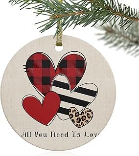 2024 Christmas Ornament,Valentines Love Hearts on Burlap 3" Round Ceramic Xmas Tree Hanging Accessories,Lattice Stripe Leopard Sweetheart Double-Side Printed Ornaments for Holiday Party Home Decor