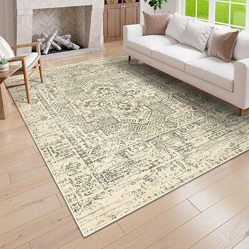 Lahome Boho Washable Area Rug 5x7 Rugs for Living Room, Vintage Oriental Soft Non-Slip Bedroom Cream Carpet, Farmhouse Distressed Low-Pile Indoor Floor Rug for Dorm Home Office Decor, Ivory/Grey