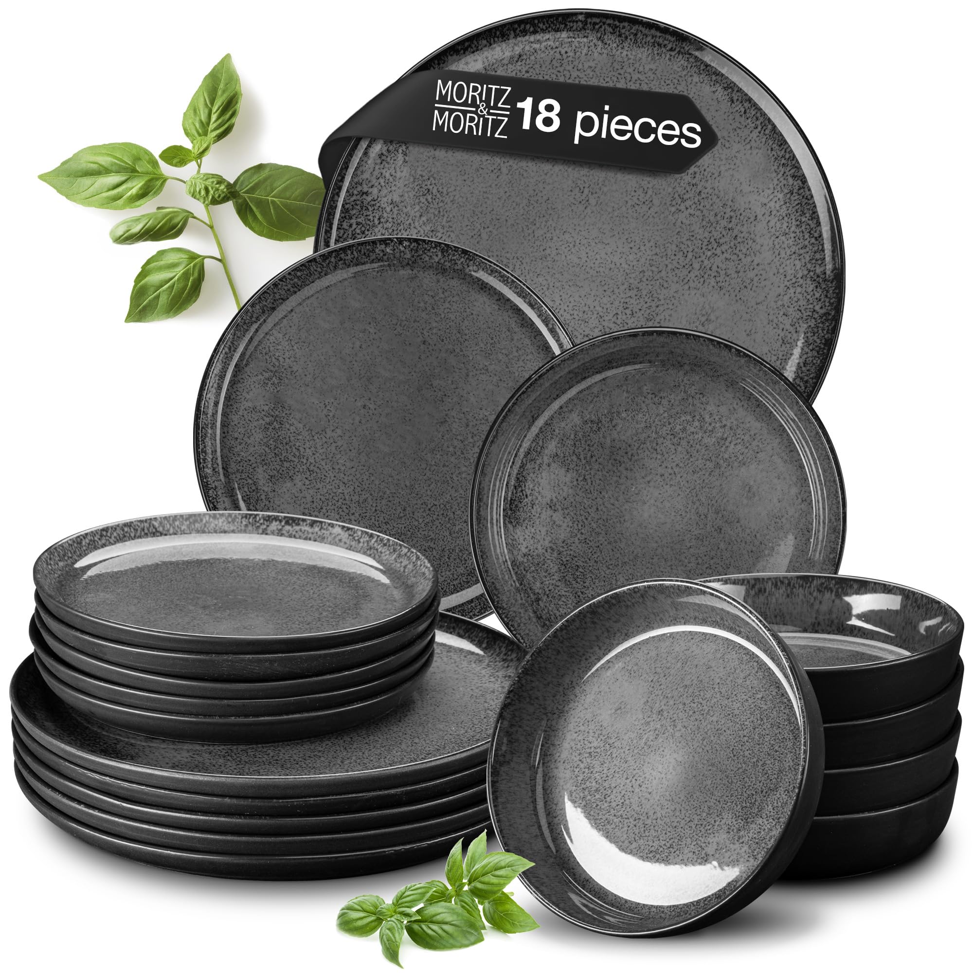 Moritz & Moritz VIDA 18-Piece Anthracite Porcelain Dinner Set for 6 People - Modern Plates and Bowls Set, Microwave & Dishwasher Safe - Includes Dinner, Dessert Plates & Soup Bowls — image 1
