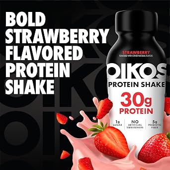 Oikos 30g Protein Shake, Strawberry, High Protein Drinks, Shelf Stable, Ready to Drink, 5g Prebiotic Fiber, 12 fl oz Bottle, 4 Count