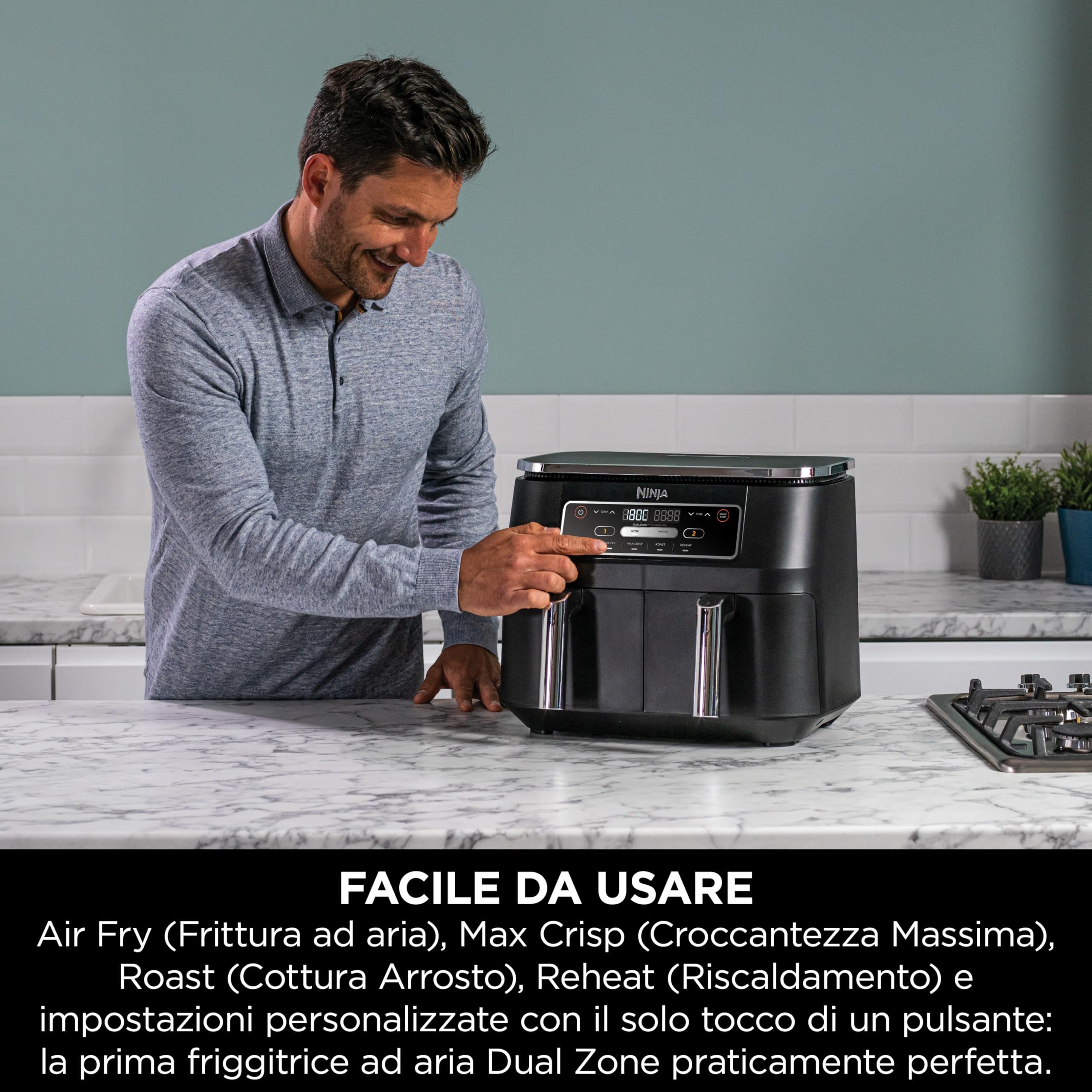 Ninja Foodi Dual Zone, Friggitrice ad Aria, 7,6L, 2 Cassetti, Nero, AF200EU | 4 in 1, 2 Cestelli Antiaderenti, Massima Croccantezza, Cottura Arrosto e Riscaldamento, Lavabile in Lavastoviglie