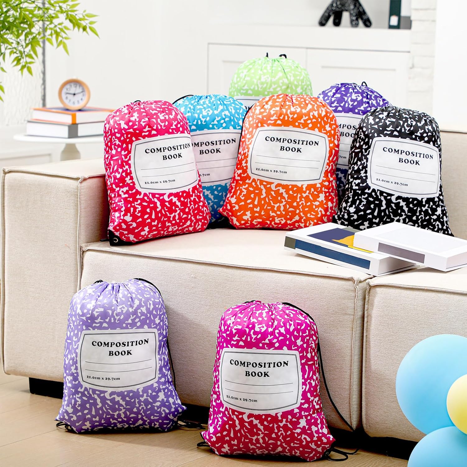 24 Pcs Back to School Composition Book Drawstring Bag, Bright
