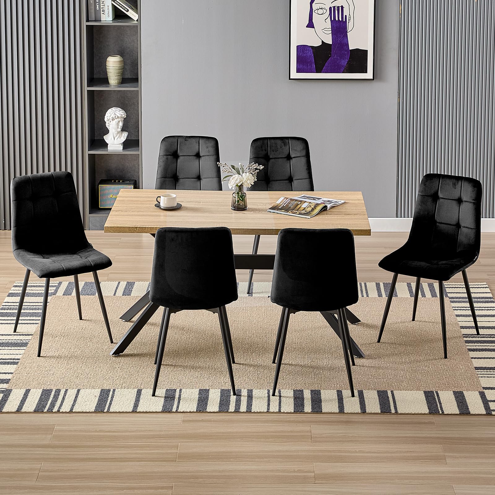 JIJIAN Set di 4 Sedie da Sala da Pranzo, Sedie da Cucina con Tessuto di Velluto e Gambe in Metallo Nero, Sedia Imbottita con Capacità di Carico di 120 kg, Nera