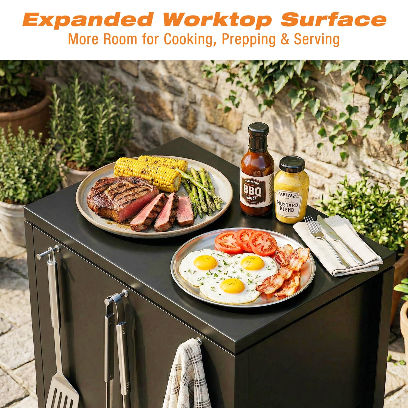 GFTIME Grillwagen mit Stauraum & Haken, Rollbarer Grilltrolley mit 4 Lenkrollen, Outdoor Beistelltisch für Weber Genesis II/LX 300, Enders, Charbroil, Nexgrill, Dynaglo, Modularer Trolley, Schwarz
