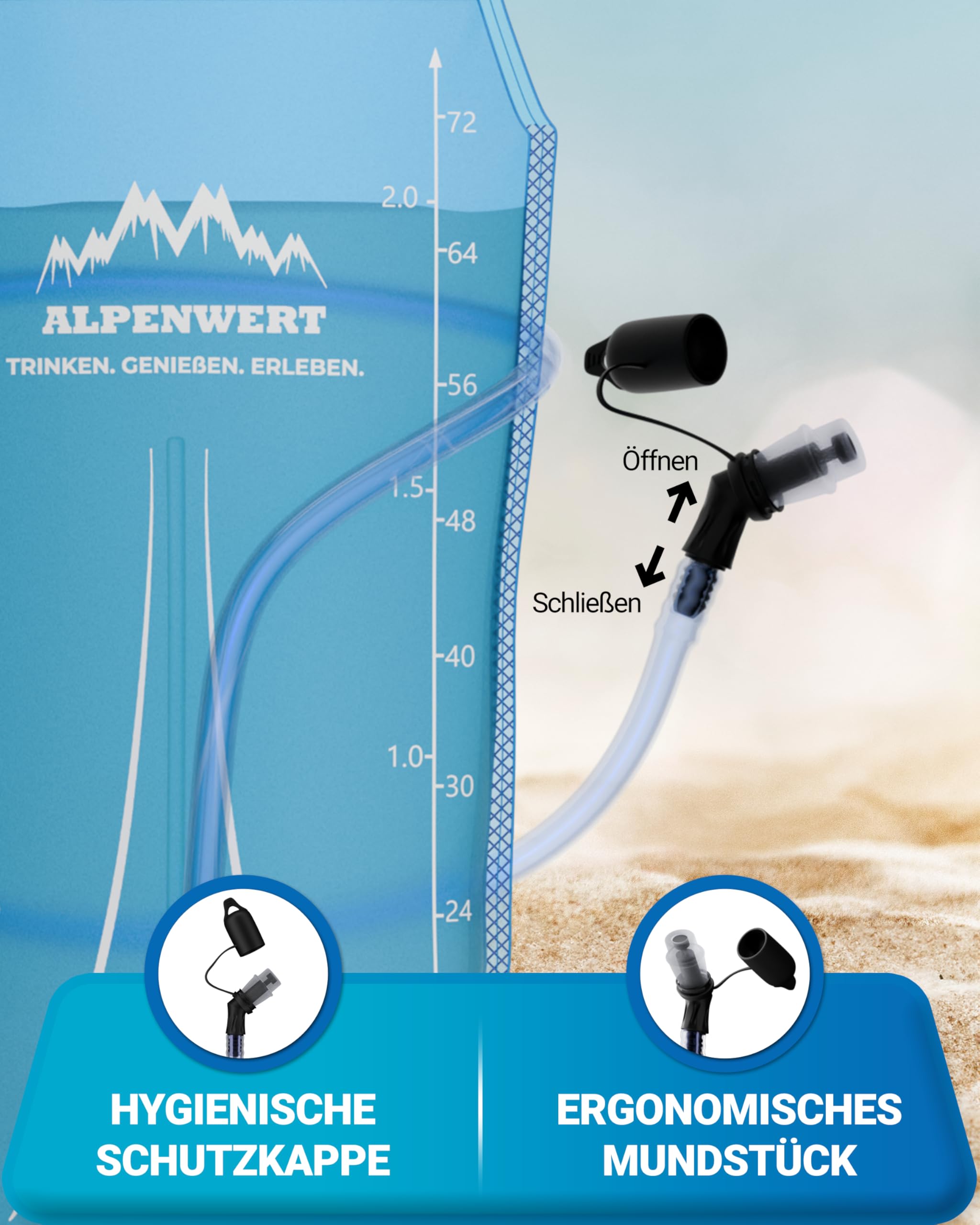 Alpenwert® Trinkblase mit Trinkschlauch [Wasserblase 2L/3L BPA FREE] Ultraleicht Trinksystem für Rucksack perfekt für Outdoor, Laufen, Trailrunning