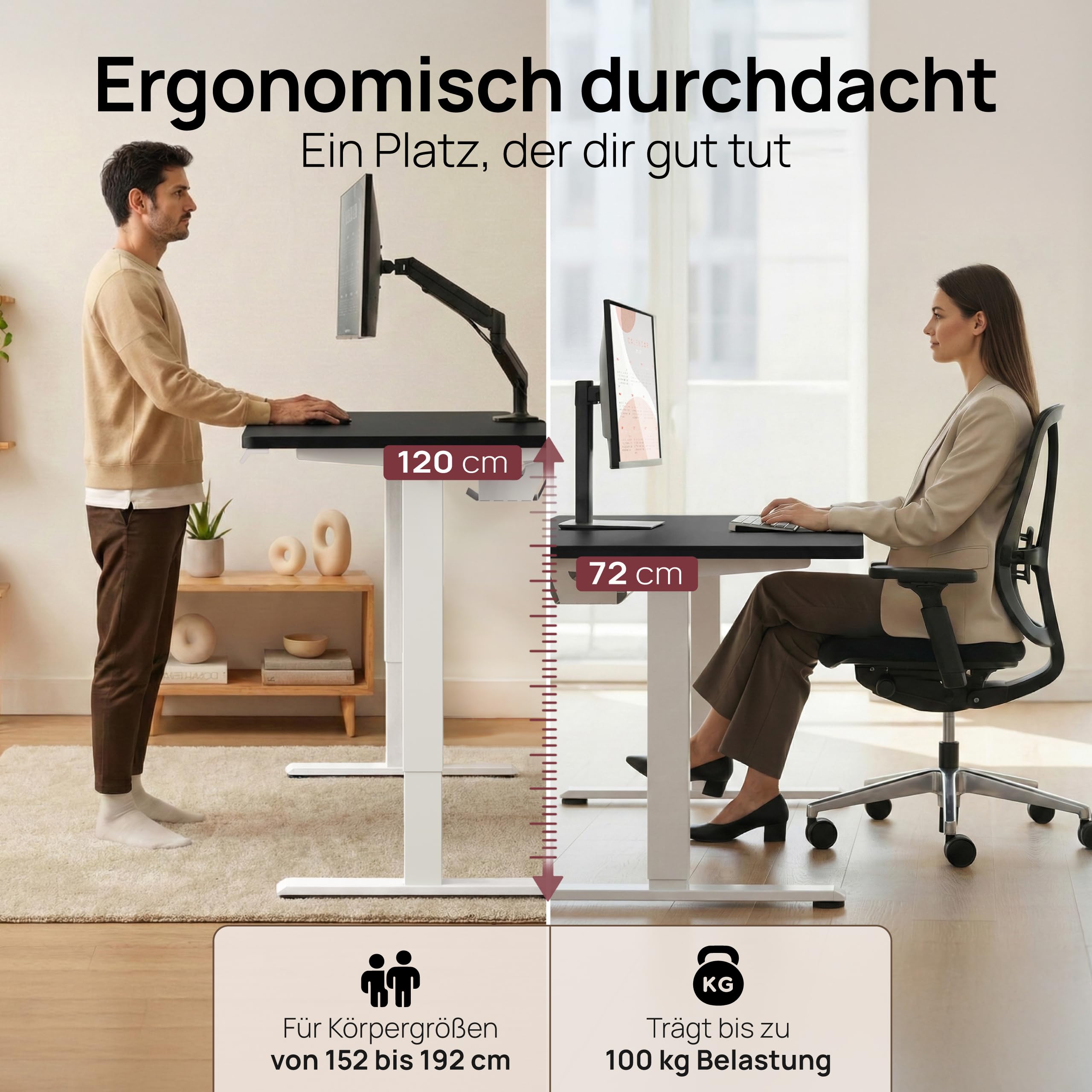Elektrisch Höhenverstellbarer Schreibtisch 120x60 & 160x80 cm - Flüsterleiser Dual-Motor, Anti-Kollision, Memory-Funktion, Kabelmanagement inklusive
