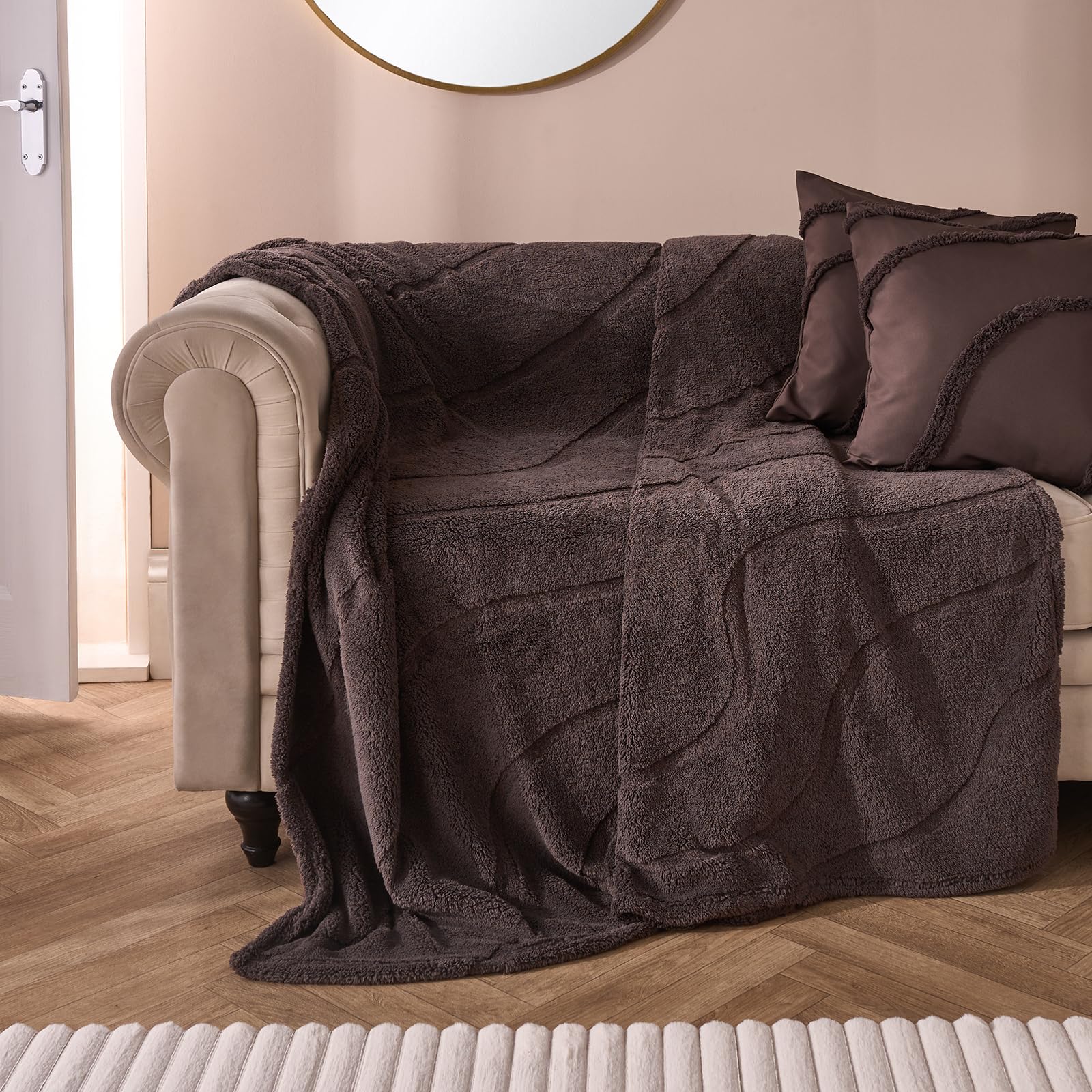 OHS Tufted Throws for Sofas, Super Soft Cosy Warm Teddy Fleece Blanket for Bed Couch Settee Decorative Throw Blanket Lightweight Comfy Single Bed Throw, Coffee Brown - 125 x 150cm