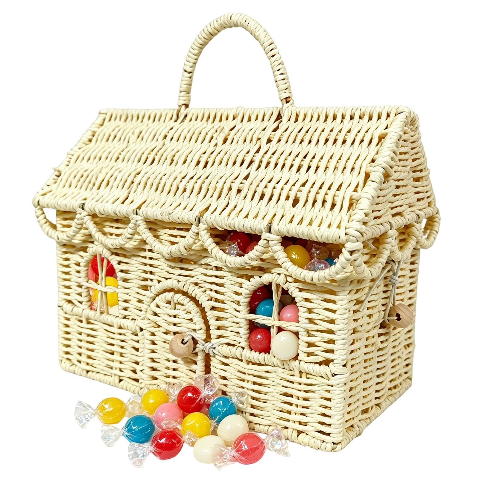 Cesto in vimini intrecciato a forma di casa, con coperchio | Cesto portaoggetti intrecciato per matrimonio, casa, cucina, cameretta dei bambini, camera da letto, soggiorno