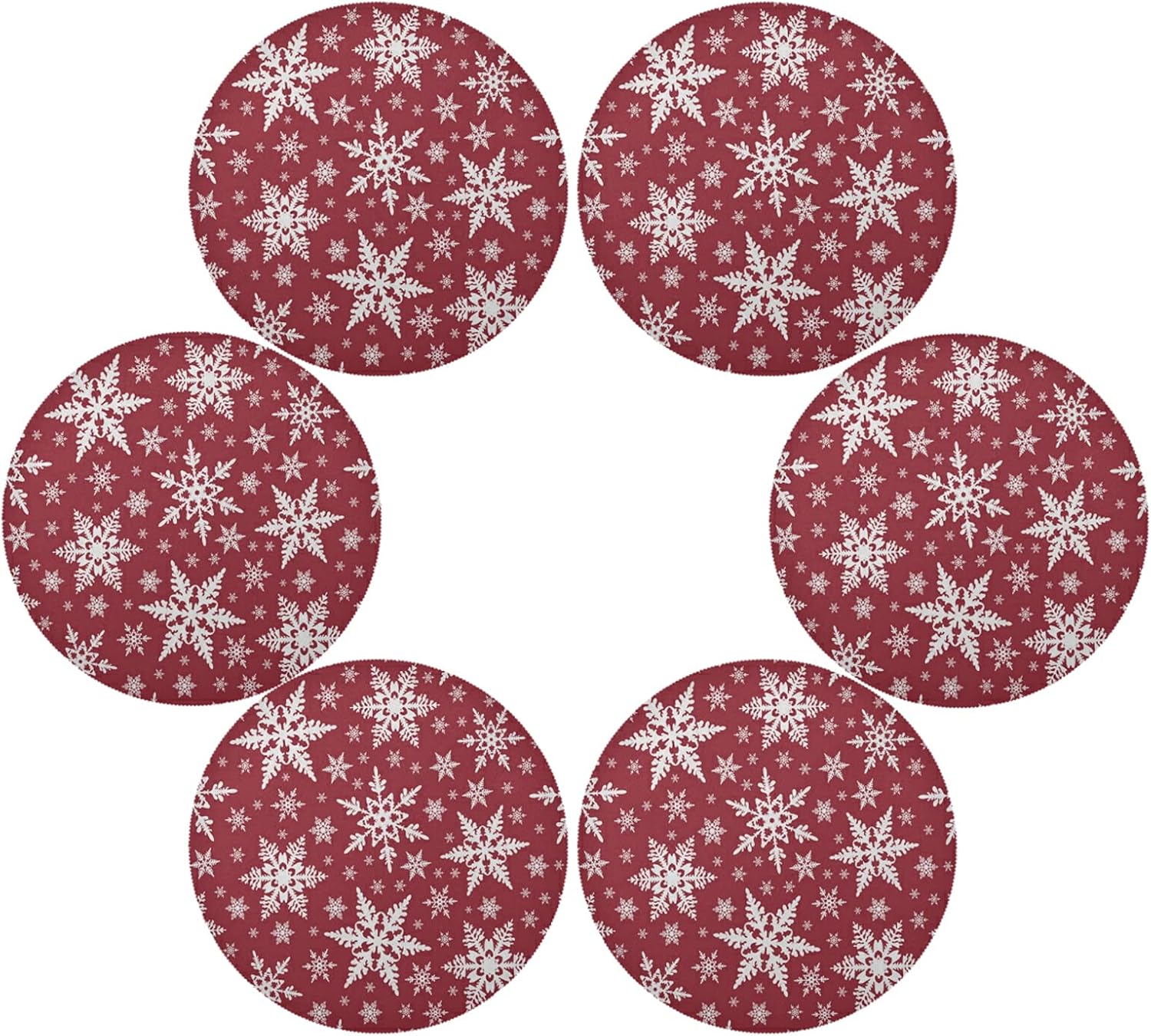 Christmas White Snowflake Round Placemats Set of 6 for Dining Table Heat Insulation Non-Slip Washable Place mats
