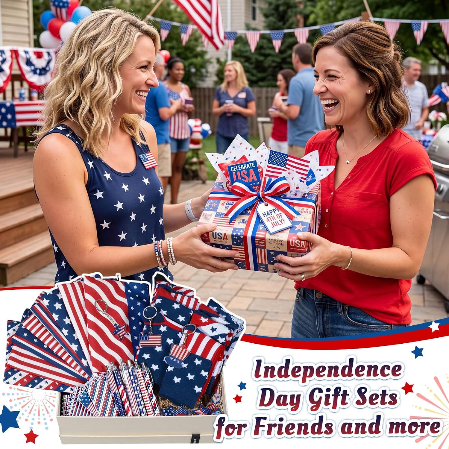 Dansydaisy 32 Pcs 4th of July Gifts Set American Flag Makeup Bags Bulk 250th Anniversary USA Patriotic Socks Red White and Blue to Do List Notepad Ballpoint Pens Star Keychain for Party Favors image 3