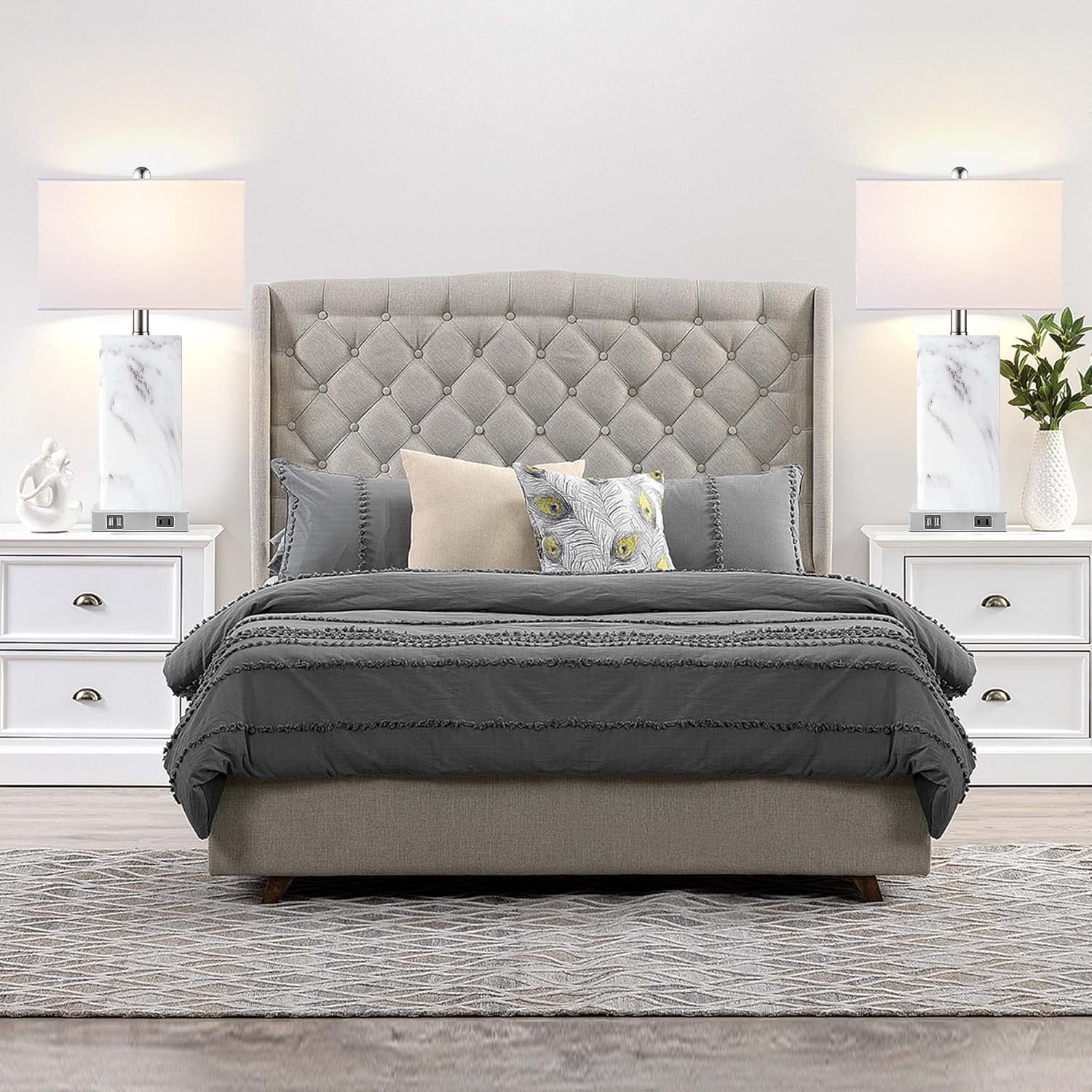 Touch Control Table Lamps Set of 2, Modern Ceramic Bedside Lamp with 2 USB Ports 1 AC Outlet, 3-Way Dimmable White Nightstand Lamp with Fabric Shade for Living Room, Bedroom (LED Bulbs Included)