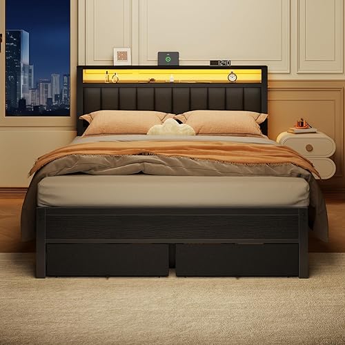 Miniatura 4 de Furnulem Base de cama Queen con estación de carga y luces LED, cabecera tapizada gris con estantes, cama de plataforma de metal con 2 almacenamiento