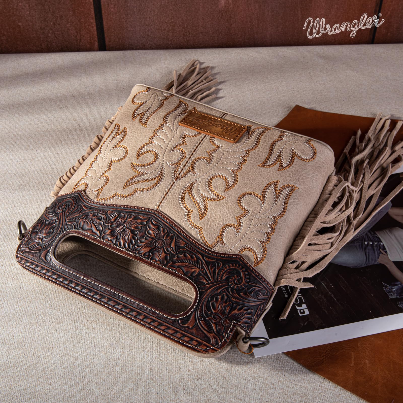 Wrangler - Borse a tracolla da donna con frange western e manico superiore, borsa a tracolla ricamata