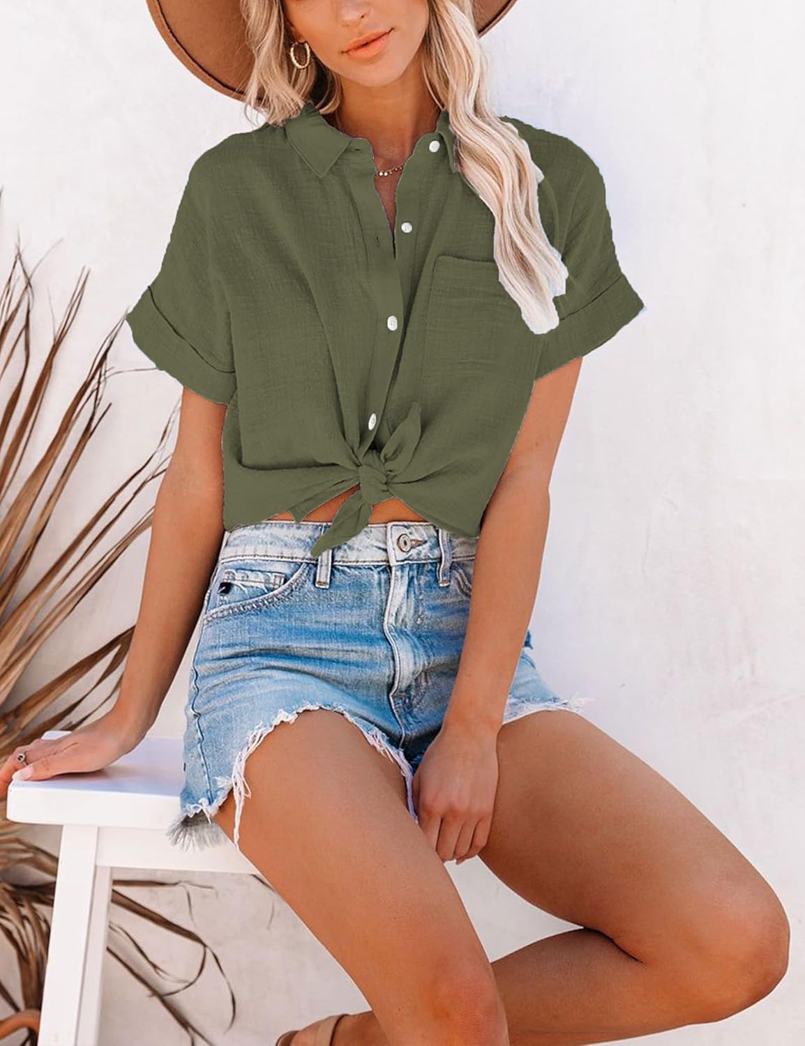 Womens Short Sleeve Cotton Button Down Up Shirt Collared V Neck Tops Shirts Blouses Dress for Women Western Wear - Image 4