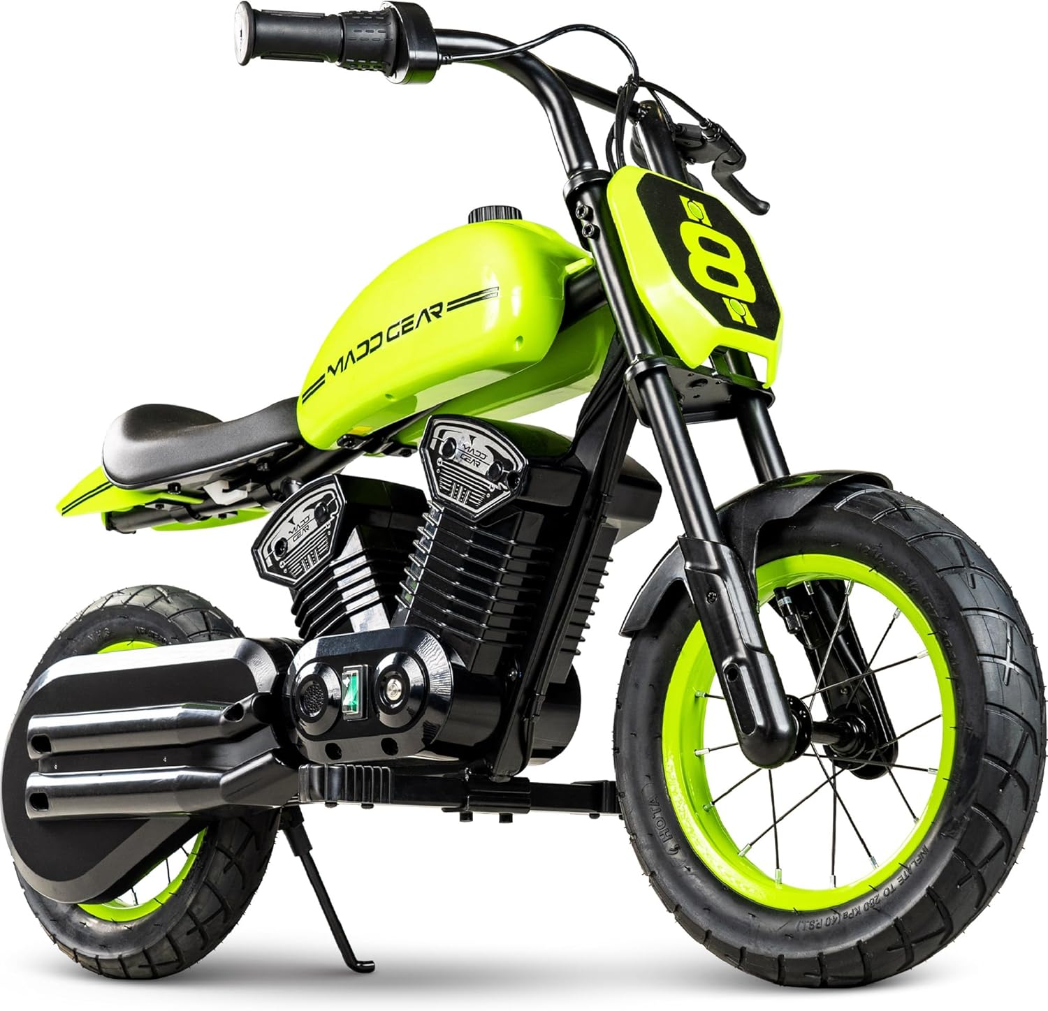 Madd Gear Electric Dirt Bike for Kids Ages 5–8 – 24V Dual Speed 10 MPH – 12" Pneumatic Tires – 7.5 Mile Range – 110 lbs Capacity – Lightweight Mini Off-Road Ride