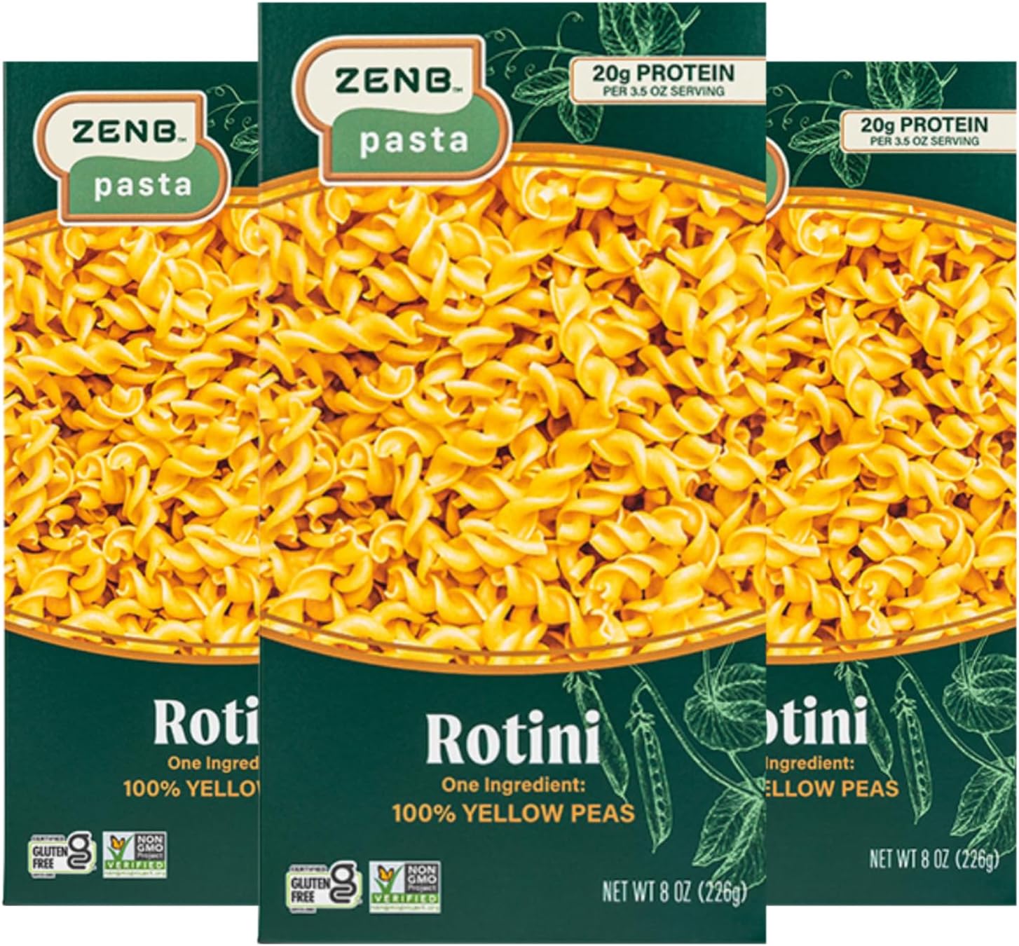 ZENB Plant Based Pasta, Made From 100% Yellow Peas, Gluten Free, Rotini, 12 oz Boxes (Pack of 3)