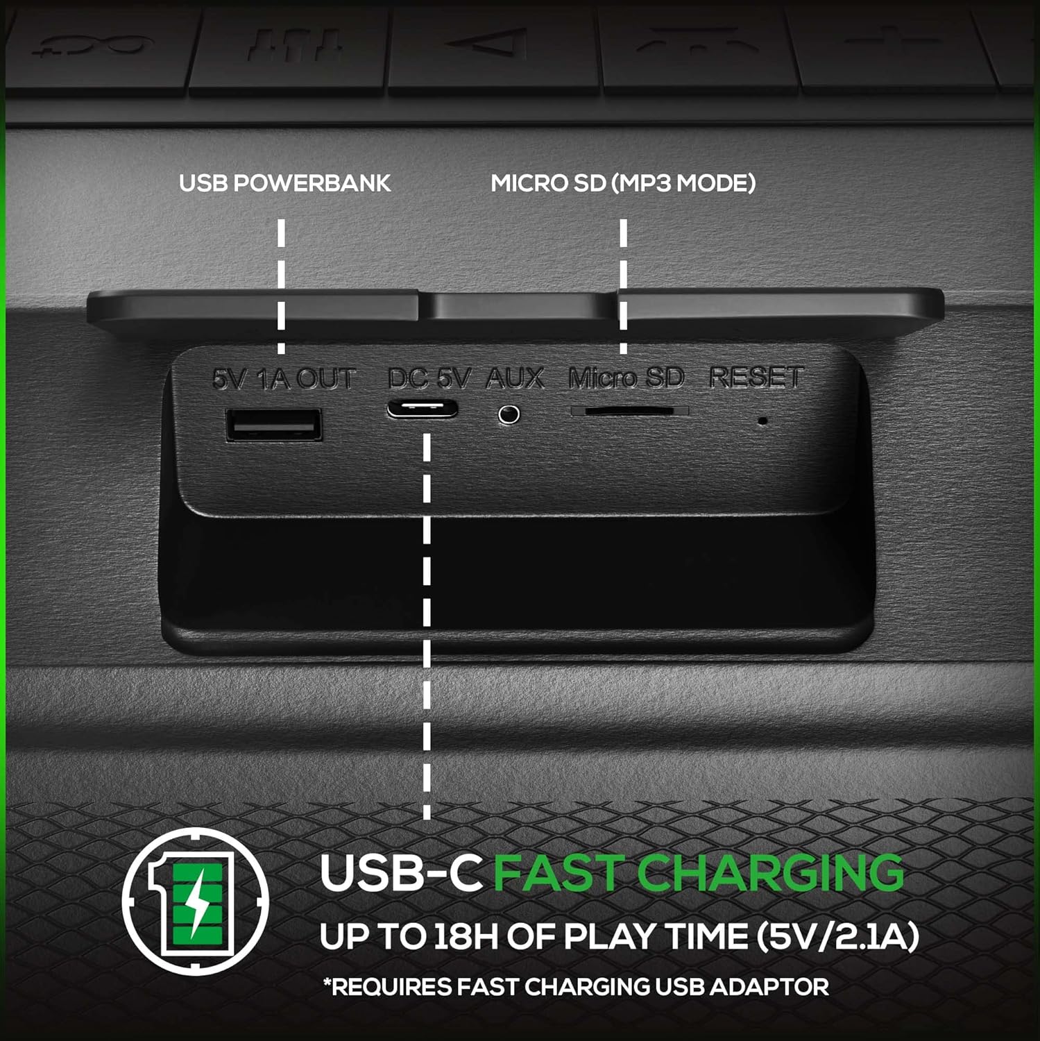 Dolphin LX80 speaker showing USB-C, MicroSD, and Aux input ports