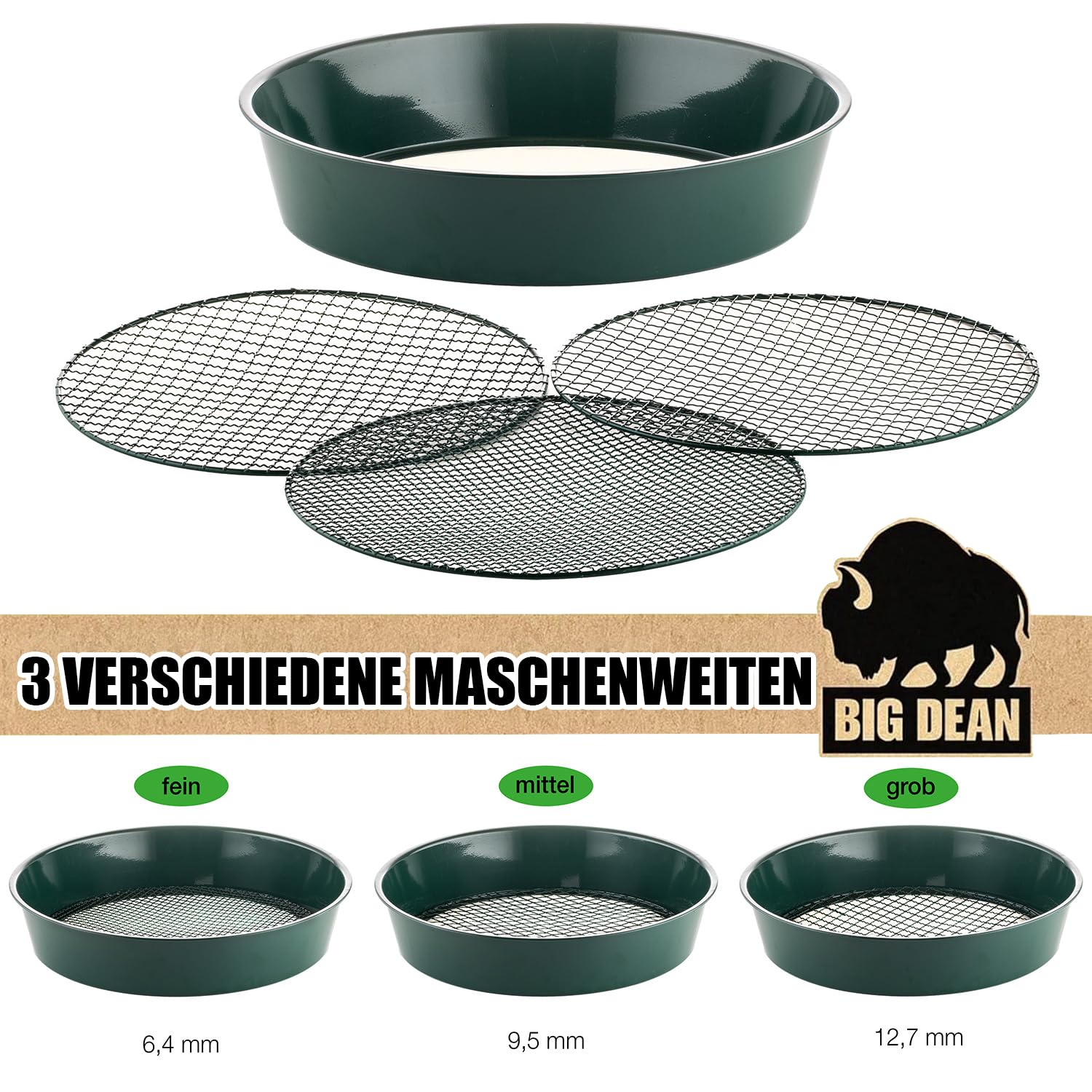 Tamis de jardin en métal avec 3 mailles 6,4 mm/9,5 mm/12,7 mm, tamis à sable rond, diamètre 37 cm, hauteur 8 cm, tamis de jardin, tamis à pierre, tamis à compost, lot de 1