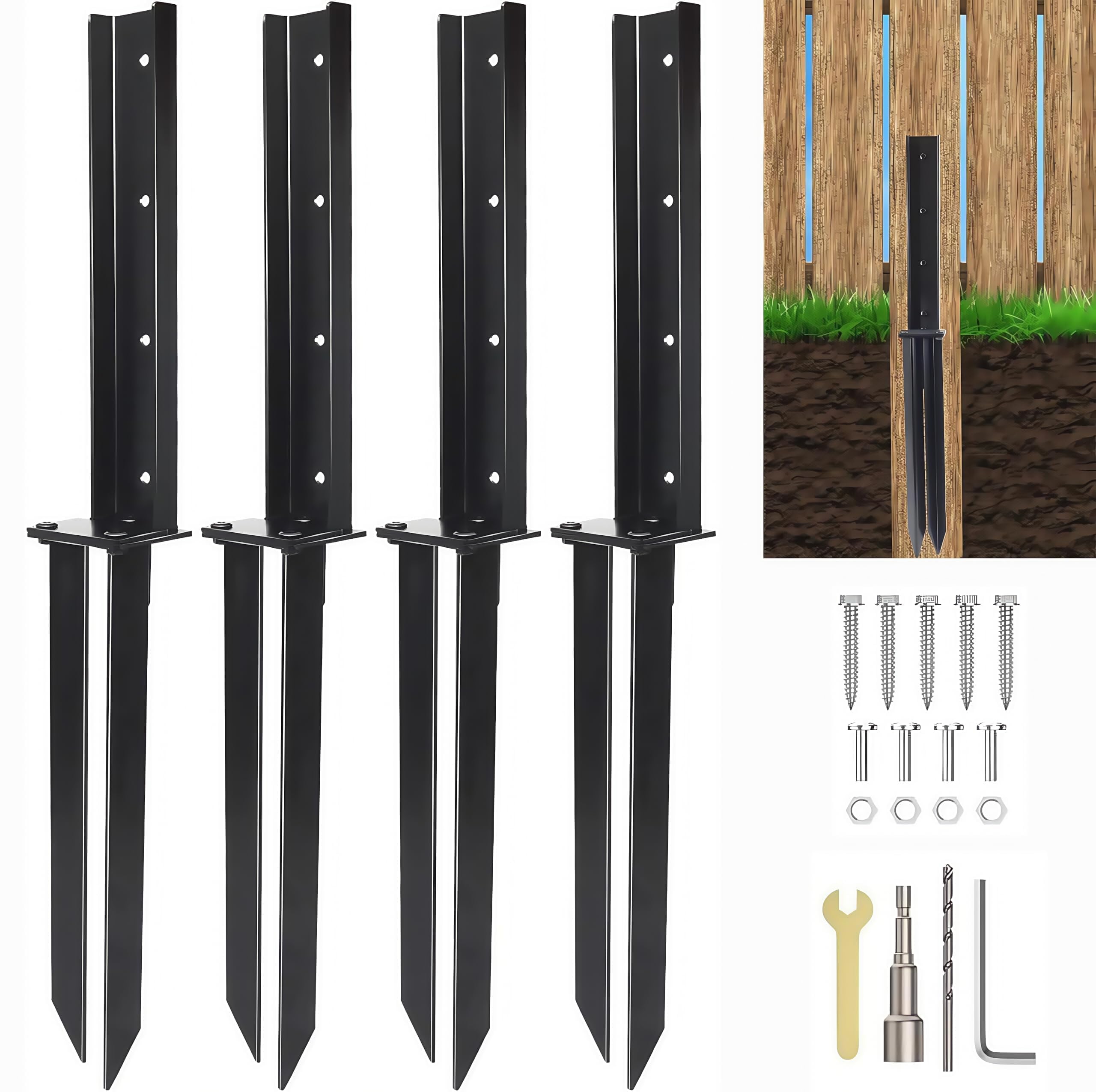 Kit de reparación de anclaje de poste de valla, estacas de anclaje de acero resistente con conexión de ancho ajustable y base reforzada para reparación de soportes de postes de valla de madera