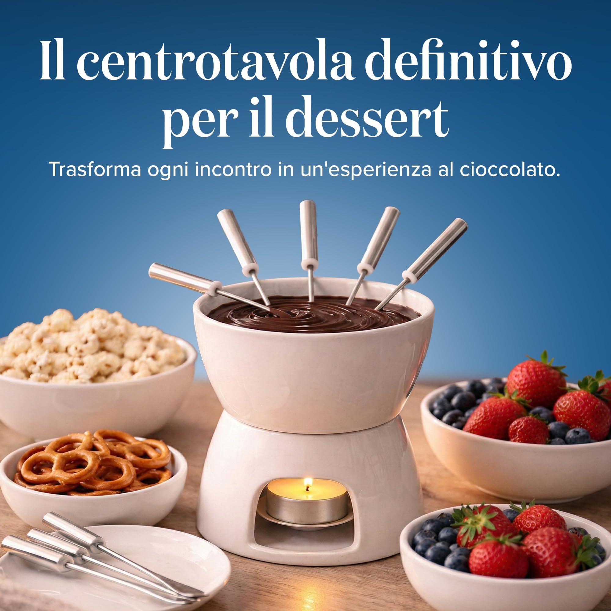 Ceramica Fonduta Set con Candela e Forchette - Set Regalo per Fonduta Riscaldato
