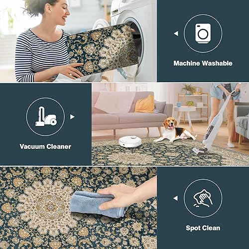 Miniatura 4 de Alfombra lavable para sala de estar alfombras grandes de 9 x 12 pulgadas, lavables a máquina, antideslizantes, suaves, florales, de lujo, finas para