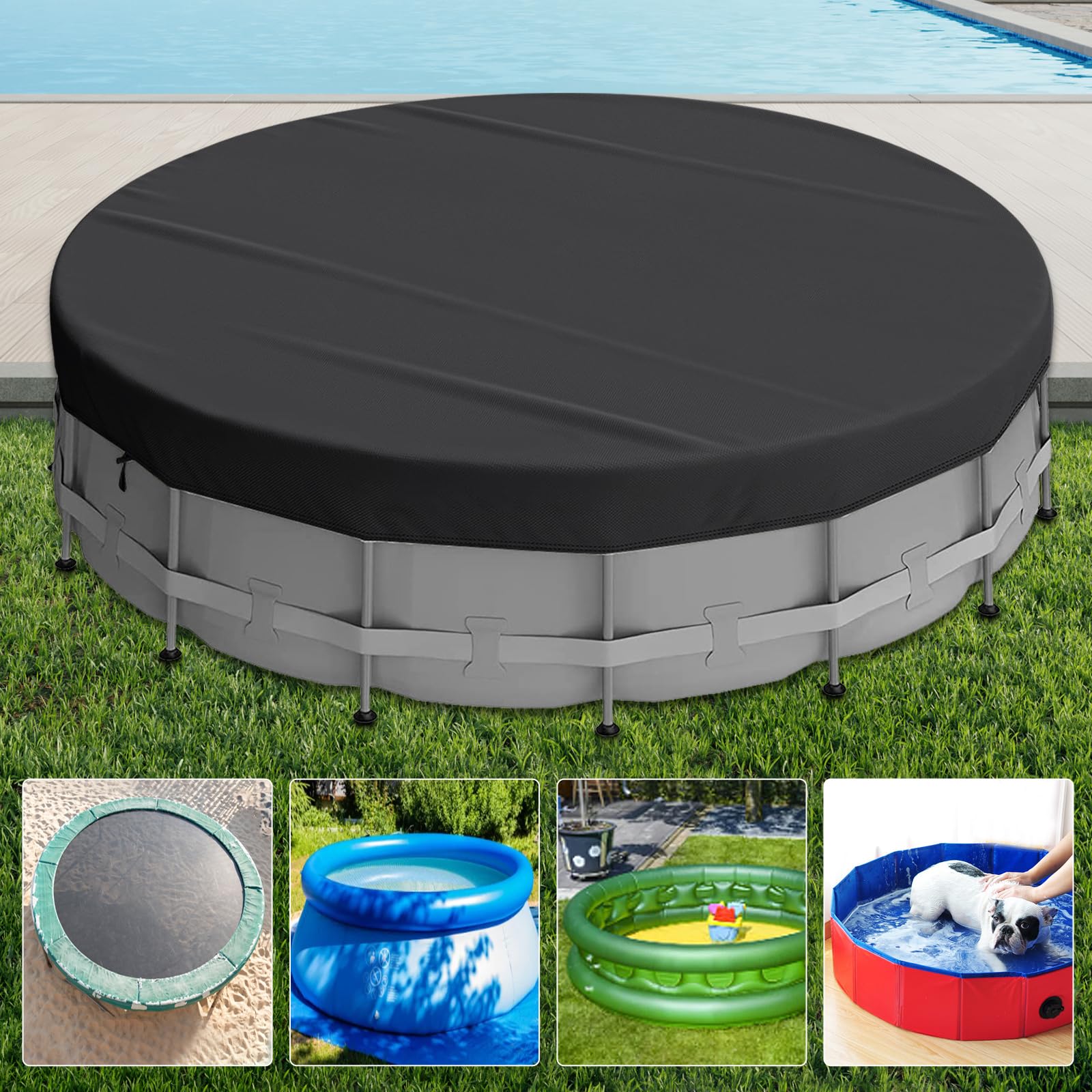 Cubierta de piscina redonda 300/360/450 cm, resistente al agua y al polvo, protección UV, con cordón y clavos para el suelo, para piscinas sobre el suelo, bañeras (negro, 450 cm)