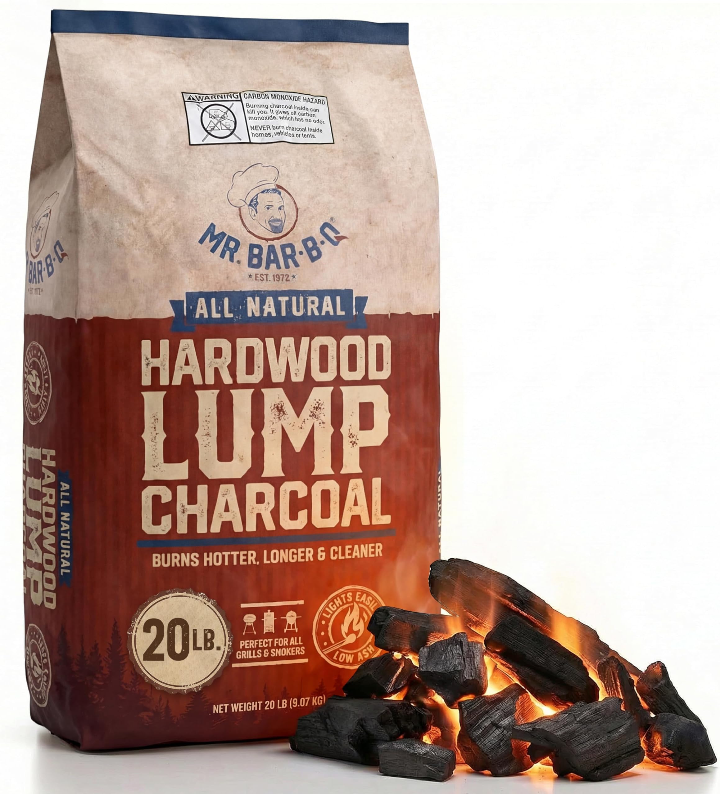 20 LB. All Natural Hardwood Lump Charcoal by Mr. Bar-B-Q, Smoky Flavor, Easy to Light, Low Ash, Burns Hotter, Longer, Cleaner Natural Hardwood Lump Charcoal for Grilling, Smoking, Kamado, Kettle Grill
