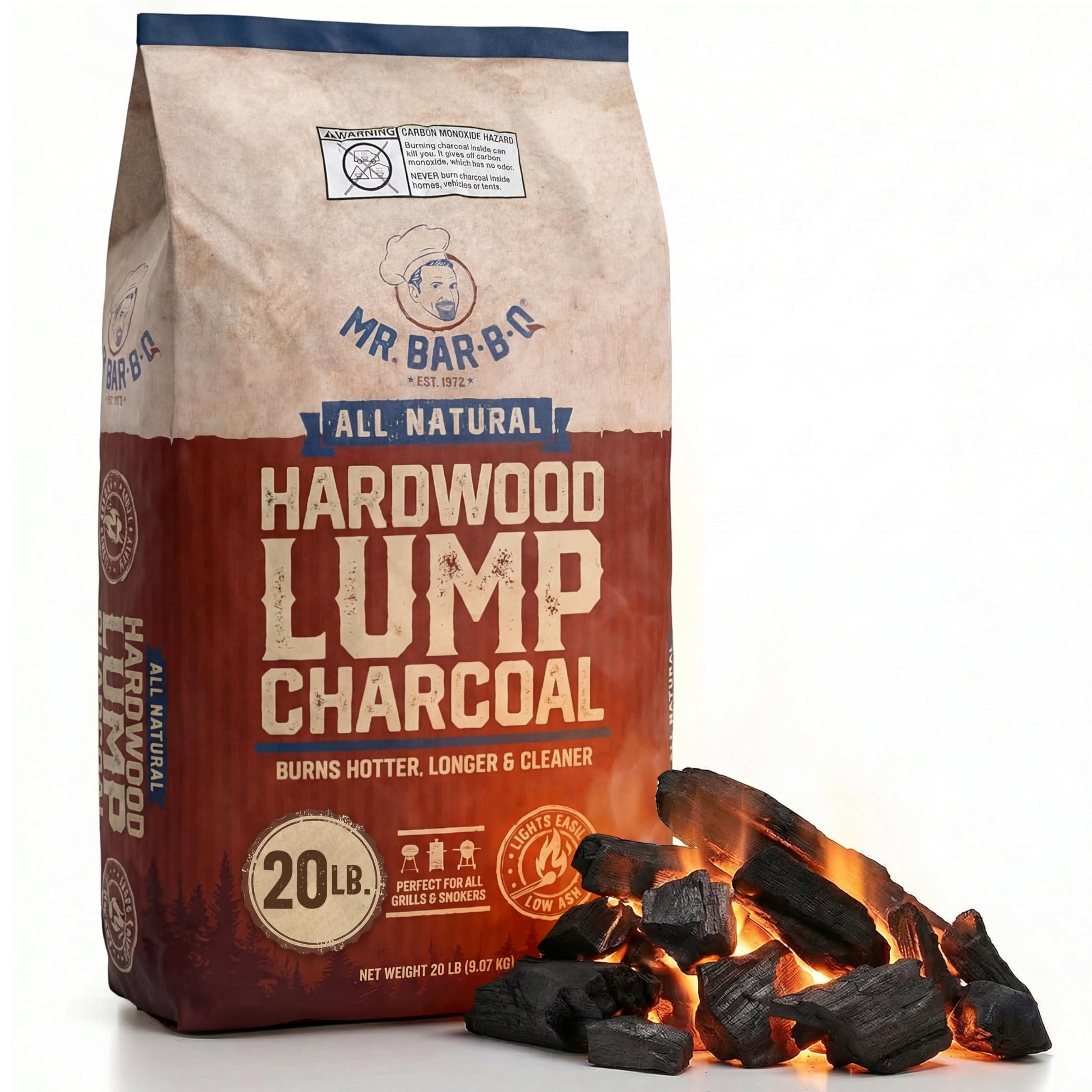 20 LB. All Natural Hardwood Lump Charcoal by Mr. Bar-B-Q - Premium Natural Charcoal for Grilling, BBQ, Smoking, Kamado & Kettle Grills - Burns Hotter & Longer - Smoky Flavor, Low Ash & Easy to Light