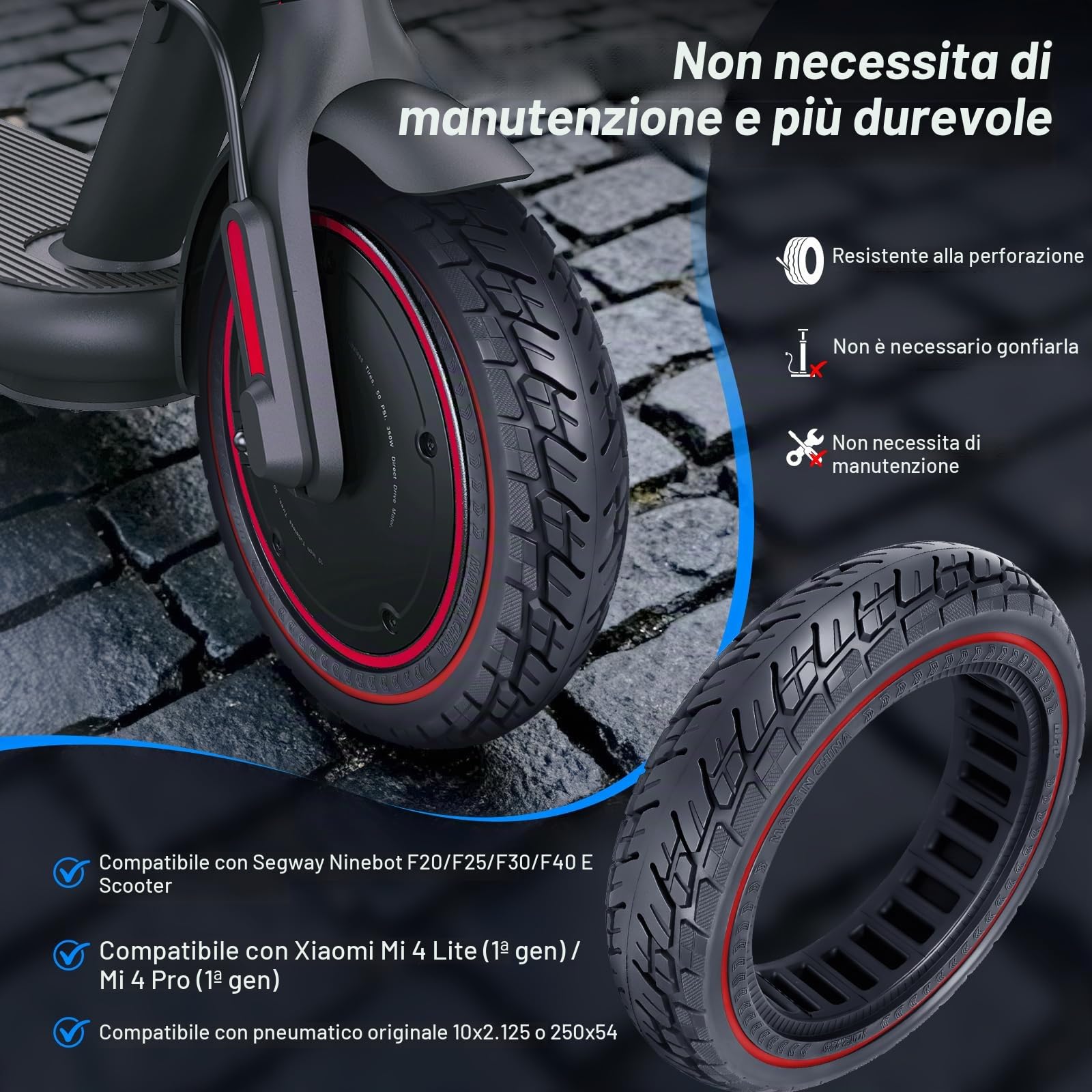 Set di 2 Pneumatici Pieni 250x54 per Scooter Elettrico Xiaomi 4 Pro/Lite, 10x2.125 in Gomma per Ninebot F20, F25, F30, F40, Sostituzione Solidi 10" (Rosso)