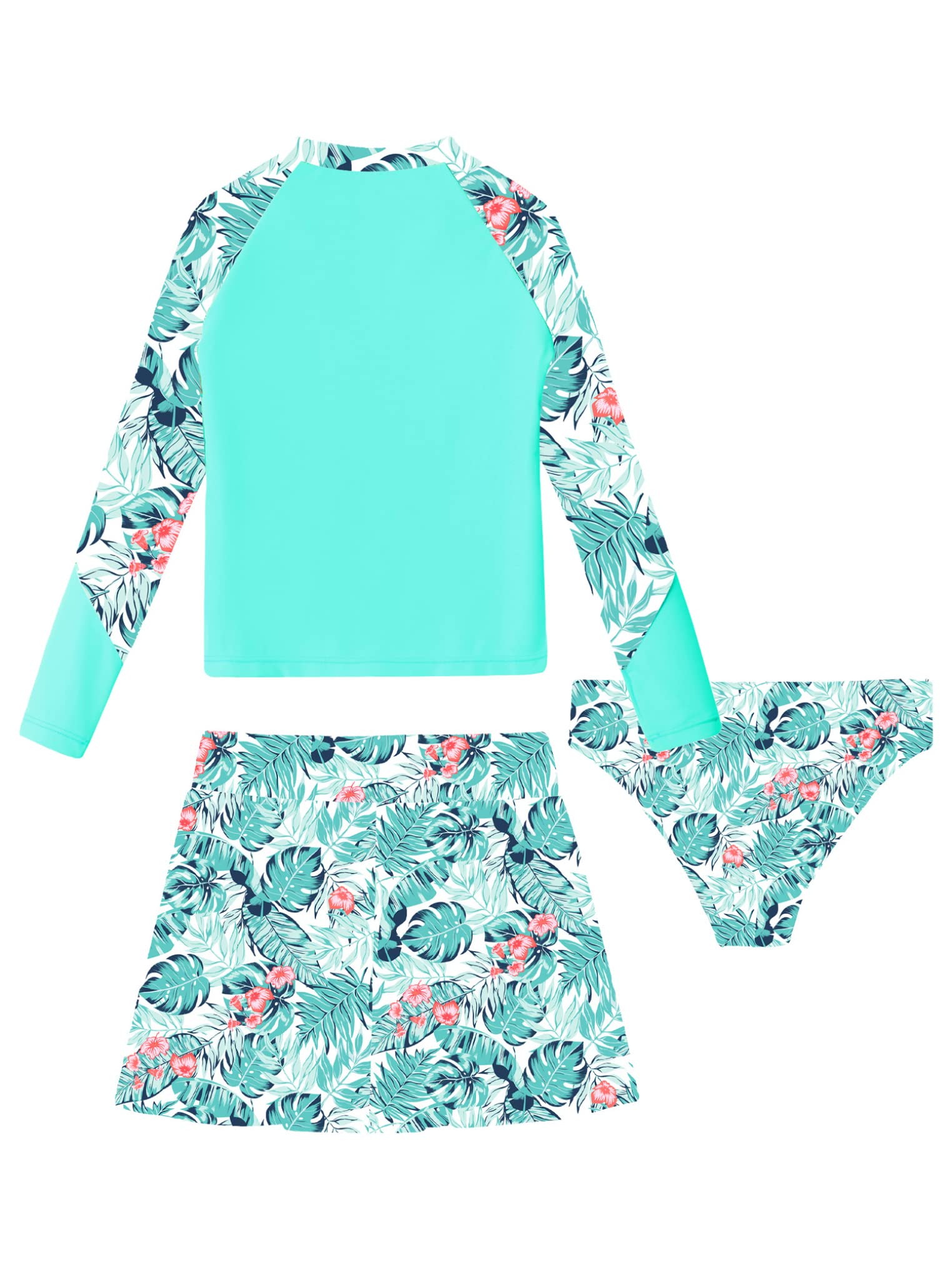 Kaerm Girls UPF 50+ Rashguard Set Hawaiian Beachwear Long Sleeve Bikini Set with Swim Dress Teal 6 Years