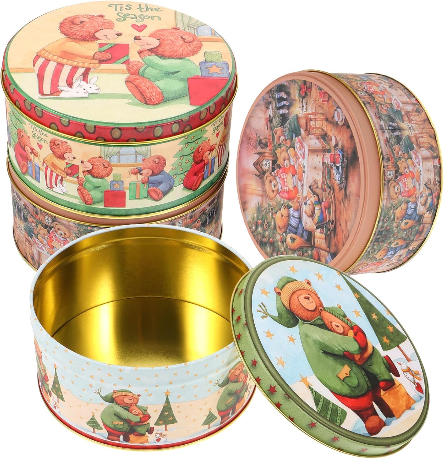 DOITOOL 4 Pcs Christmas Cookie Tins with Lids,Christmas Candy Tin Small Metal Cookie Tins Christmas Cookie Containers,Cookie Jar Christmas Boxes for Holiday Treats,Xmas Party Favors