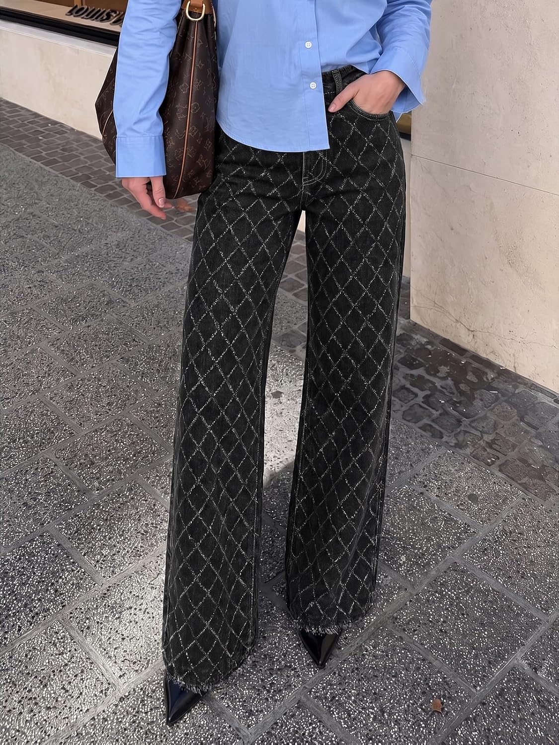 Cicy Bell Womens Wide Leg Jeans Argyle Printed High Waisted Denim Pants image 2