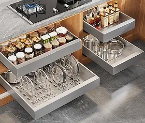 4Pack Expandable Pull Out Cabinet Organizer 21" Deep with Raising Pad for Framed Cabinets,Slide Out Drawers with 4pcs Divider Racks,Roll Out Shelves,Adjustable Width 12.05"-20.4" Silver