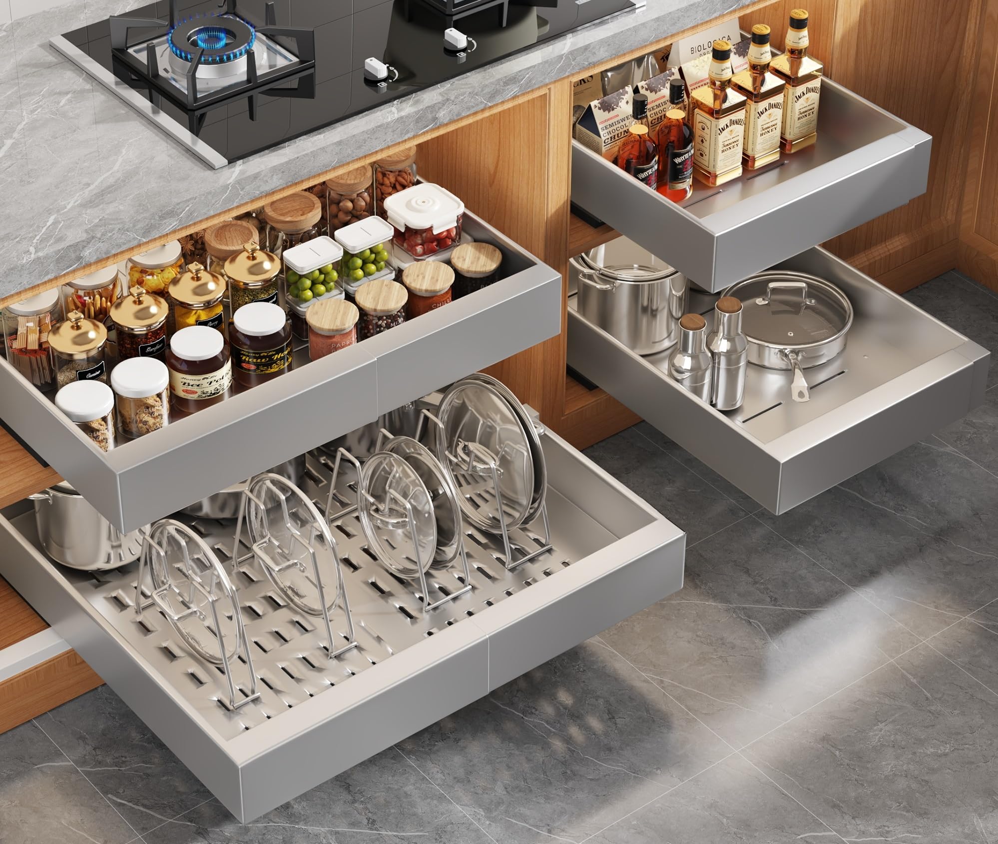 4Pack Expandable Pull Out Cabinet Organizer 21" Deep with Raising Pad for Framed Cabinets,Slide Out Drawers with 4pcs Divider Racks,Roll Out Shelves,Adjustable Width 12.05"-20.4" Silver