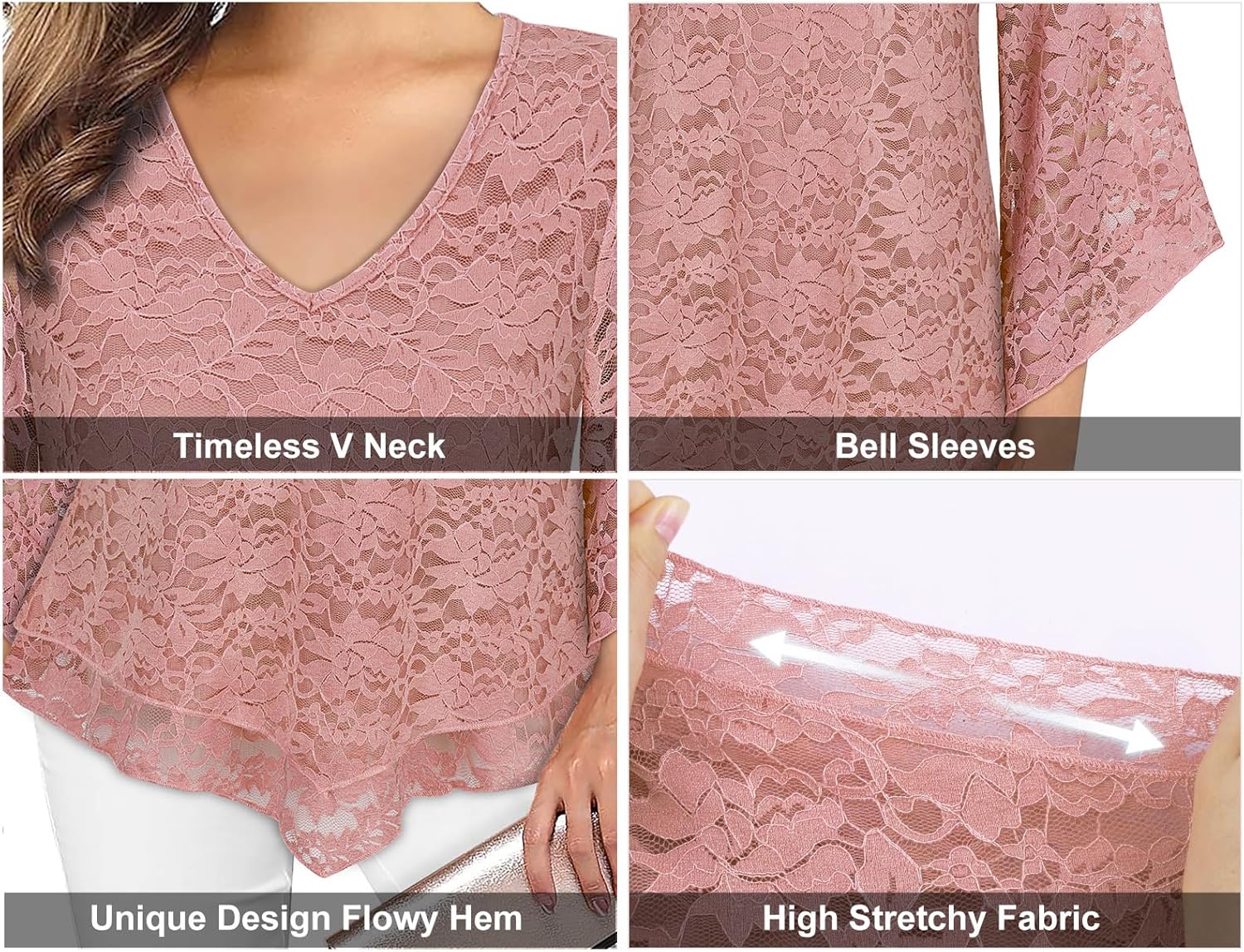 Viracy Womens Dressy Blouse V Neck Double Layers Elastic Mesh Casual Flowy Work Shirts Ruffle 3/4 Flared Sleeve Tunic Tops - Image 2