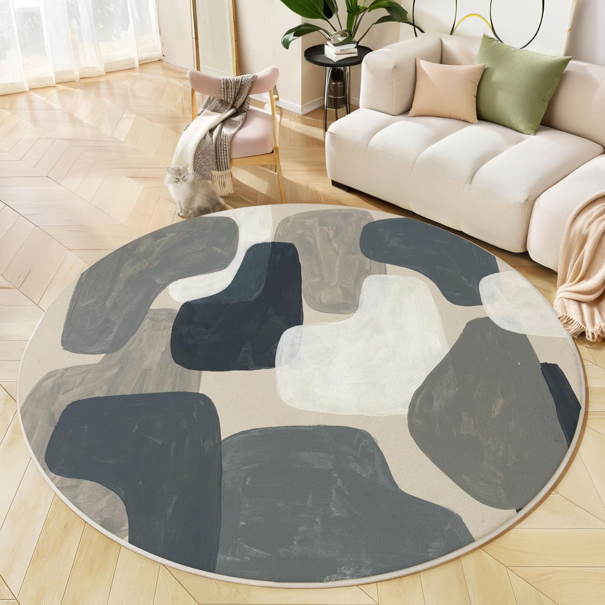 Tapis Rond Blocs De Couleur Irréguliers 100cm, Minimalisme Nordique Lavable en Machine Tapis Rond pour Salon, Antidérapant, Imprimé pour Salle à Manger, Chambre, Nurserie, Gris-Brun
