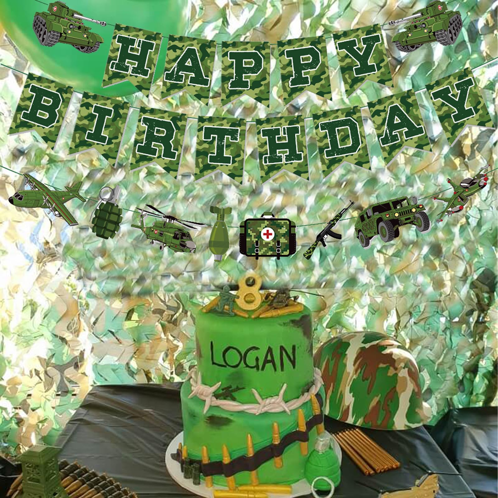 Zwiebeco Suministros de decoración de fiesta de cumpleaños, letrero de feliz cumpleaños de camuflaje verde, guirnalda de papel verde para niños, hombres, adultos, decoraciones de cumpleaños temáticas