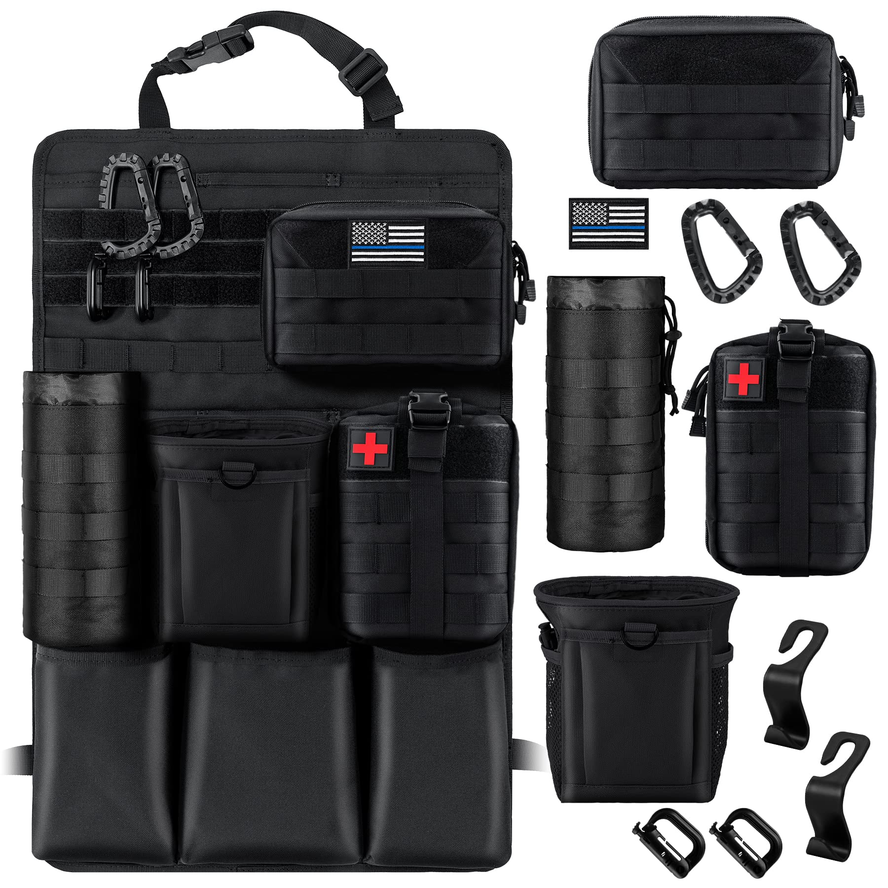 bvya Tactical Car Back Seat Organizer with 4 Molle Pouches(Medical Pouch Admin Pouch Water Bottle Po