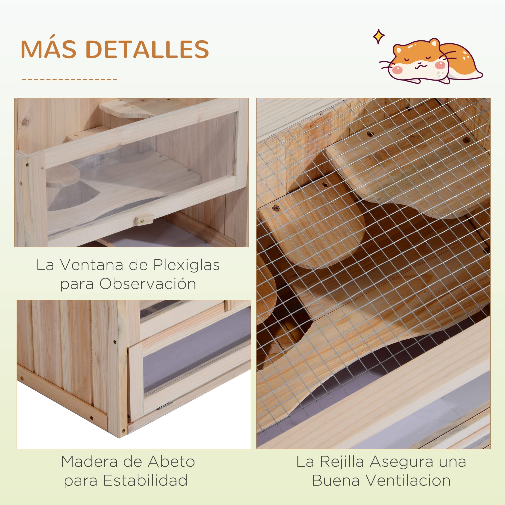 PawHut Jaula Madera para Hámster Ratoncillos Roedores Casa para Animales Pequeños 2 Niveles 60x35x42cm