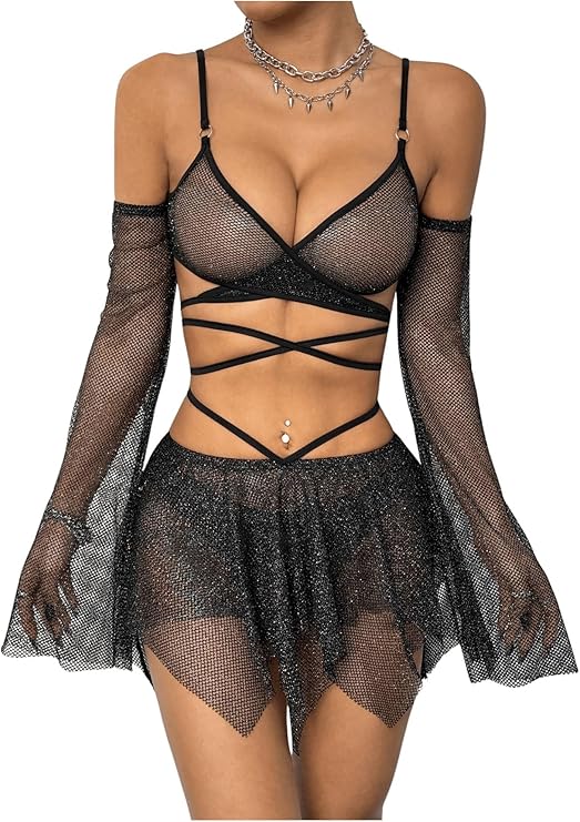 OYOANGLE Women's 2 Piece Mesh Sheer Criss Cross Crop Top and Asymmetrical Mini Skirt Party Rave Outfits