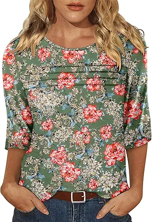 KISSMODA Women's Casual 3/4 Sleeve T-Shirts Round Neck Cute Tunic Tops Basic/Pleated Summer Tops Trendy Spring Blouses