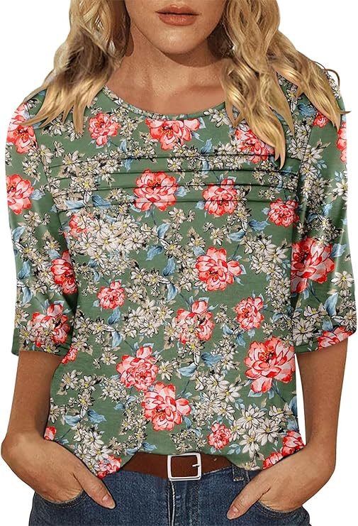 KISSMODA Women's Casual 3/4 Sleeve T-Shirts Round Neck Cute Tunic Tops Basic/Pleated Summer Tops Trendy Spring Blouses