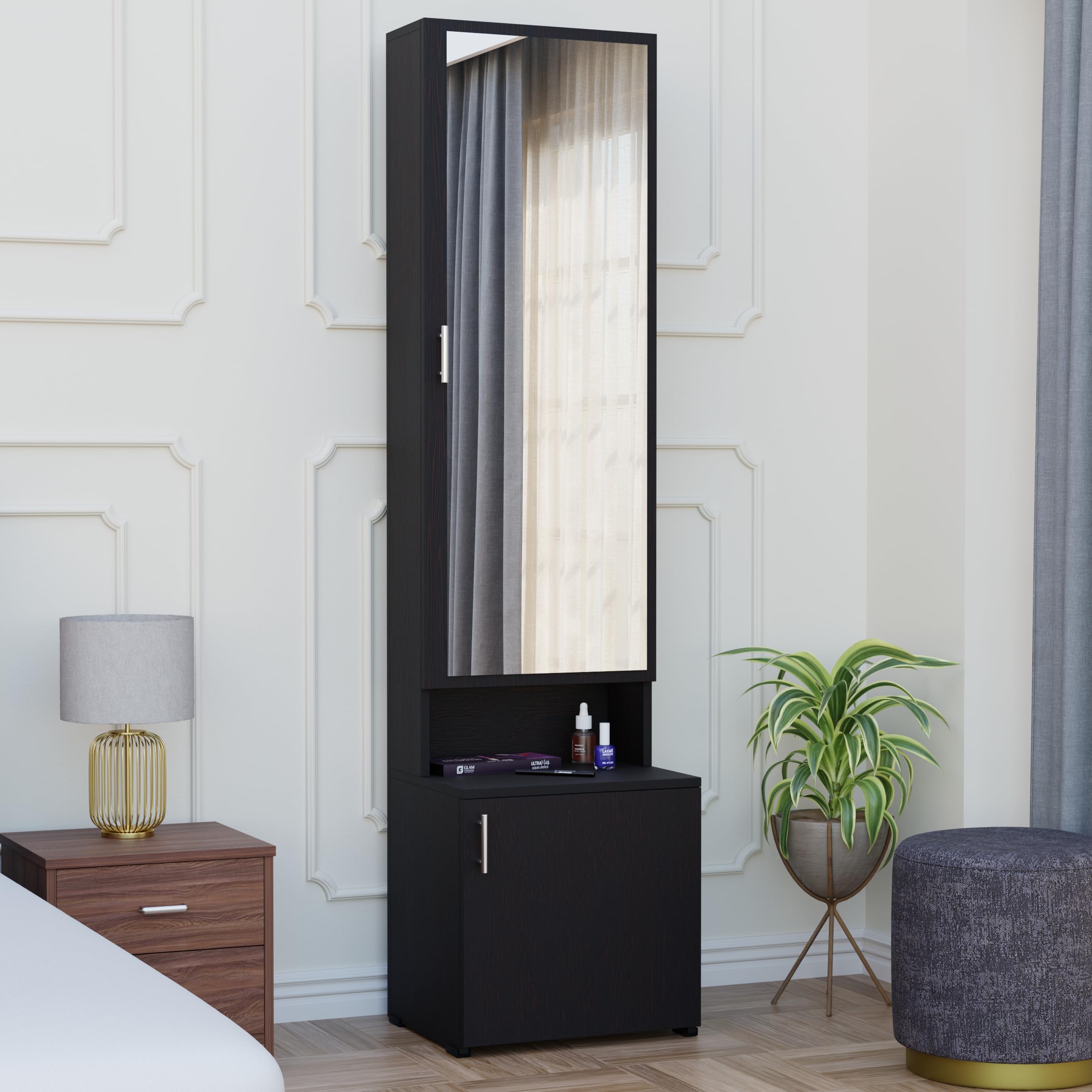 Wenge Finish Dressing Cabinet with Full-Length Mirror, Wenge Finish Dressing Table, 180 cm Height, Engineered Wood, 45x38x180 cm, Vanity Dresser with Mirror-image-21
